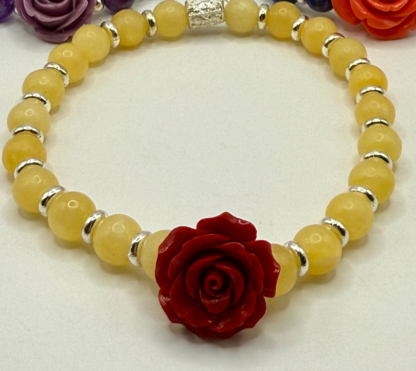 Floral Beaded Bracelets with Rose Focal – Choose Purple Amethyst, Yellow Jade, or Blue Lapis (3 options/sizes)