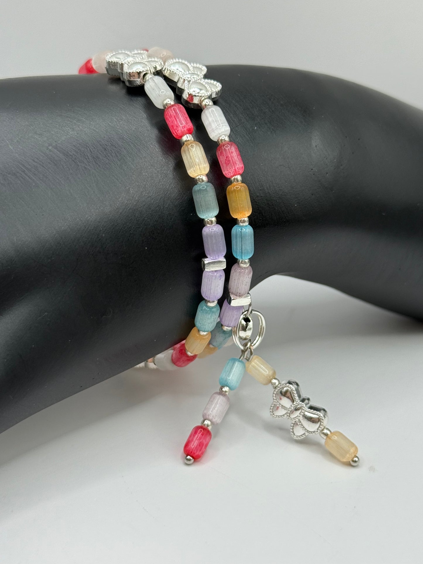 Colorful Cat Eye Beaded Wrap Bracelet with Silver Butterfly Charms | Adjustable Fit | Handmade Jewelry Gift