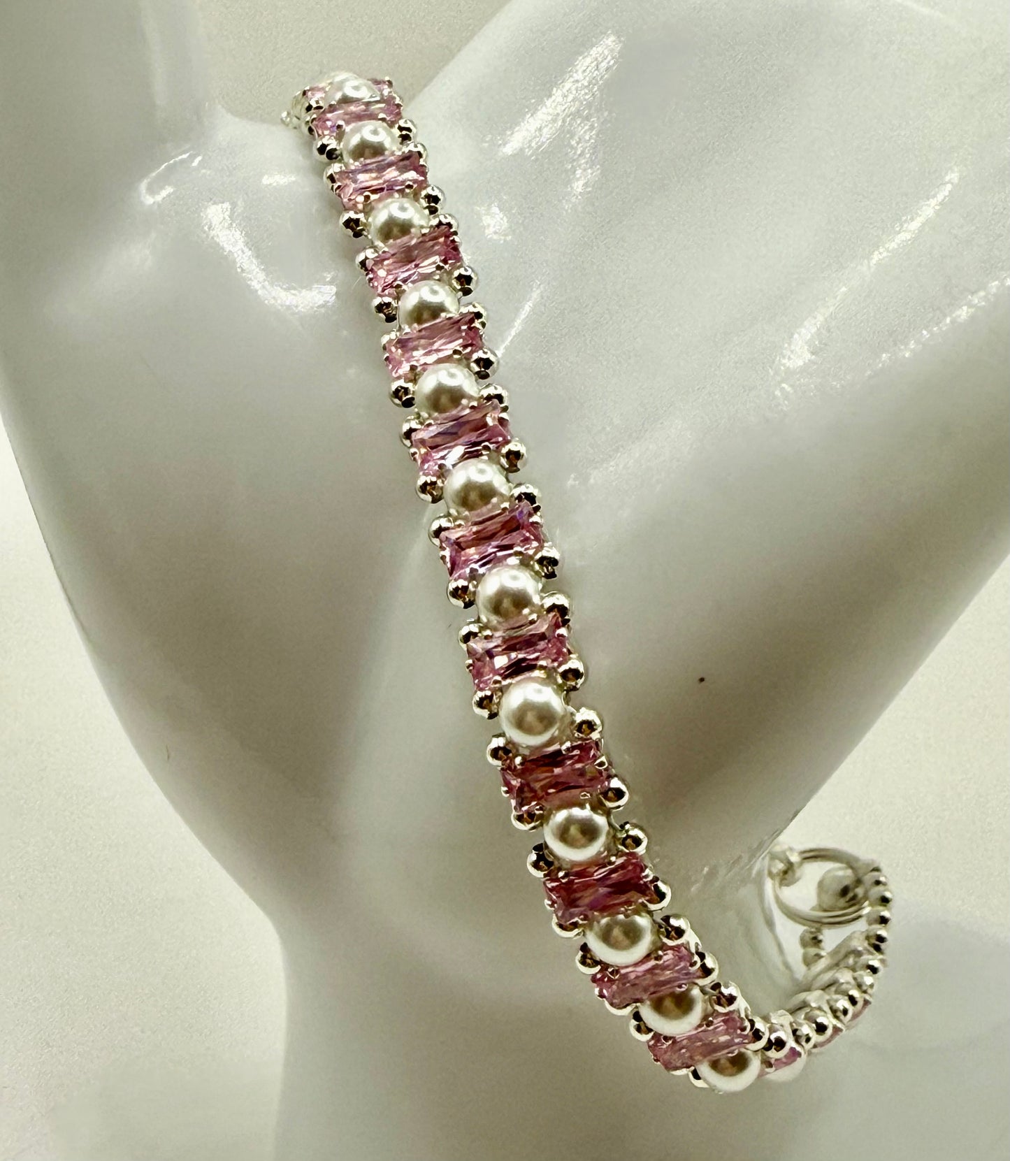 Pink Rhinestone & White Glass Pearl Bracelet – 7.5” – Elegant Clasp Bracelet – Bridal Jewelry – Romantic Gift for Her – Sparkling Statement Bracelet