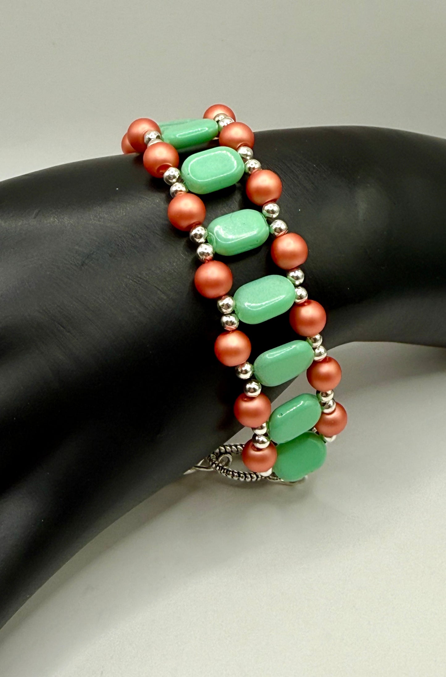 Double Strand Bracelet with Green and Coral Beads | 7.5”-7.75” Clasp Bracelet | Handmade Jewelry Gift for Her