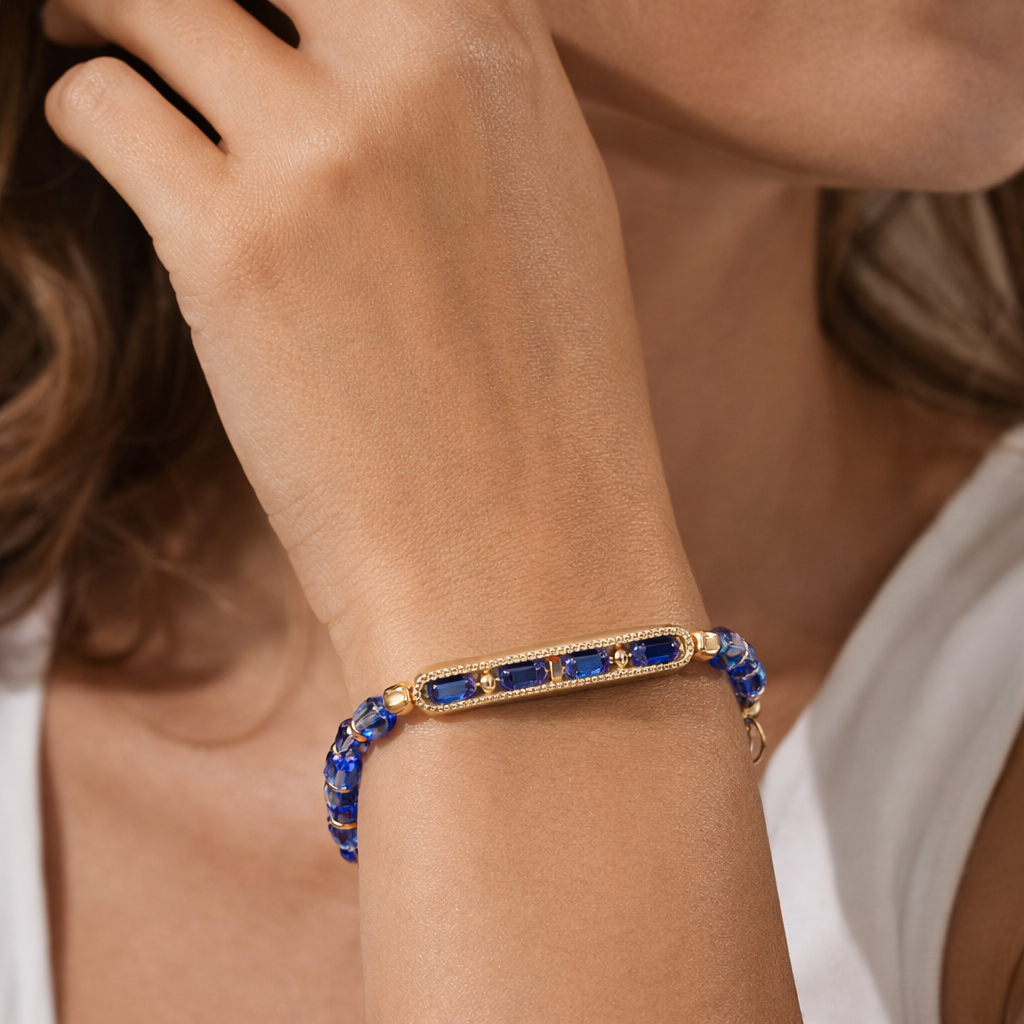 Royal Blue Faceted Glass Bracelet 7.75" • Handmade Gold Bar Bracelet
