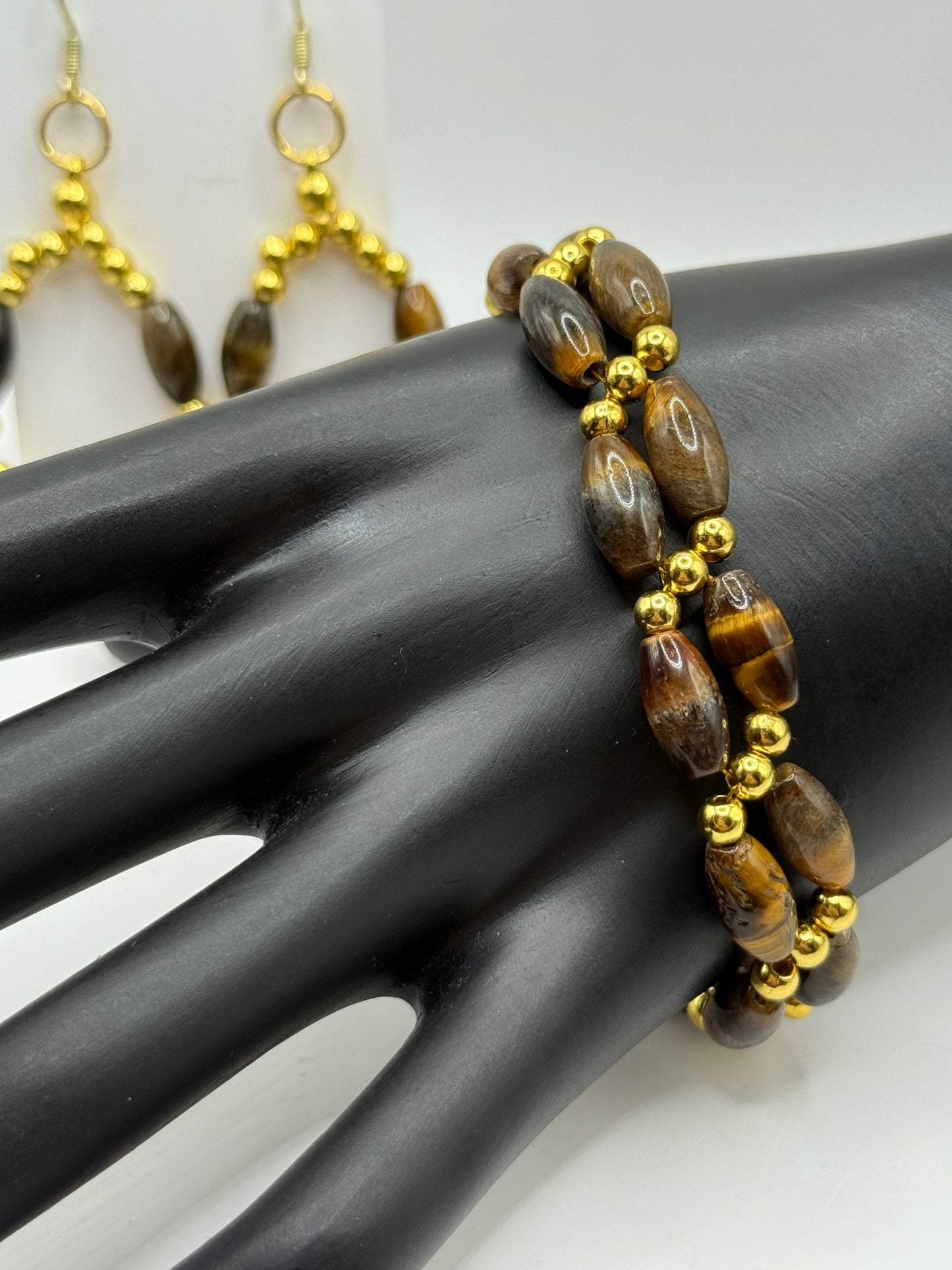 Tiger’s Eye Bracelet with Gold Accents – 7.75” Clasp – Free Resizing – Includes Complimentary Matching Earrings