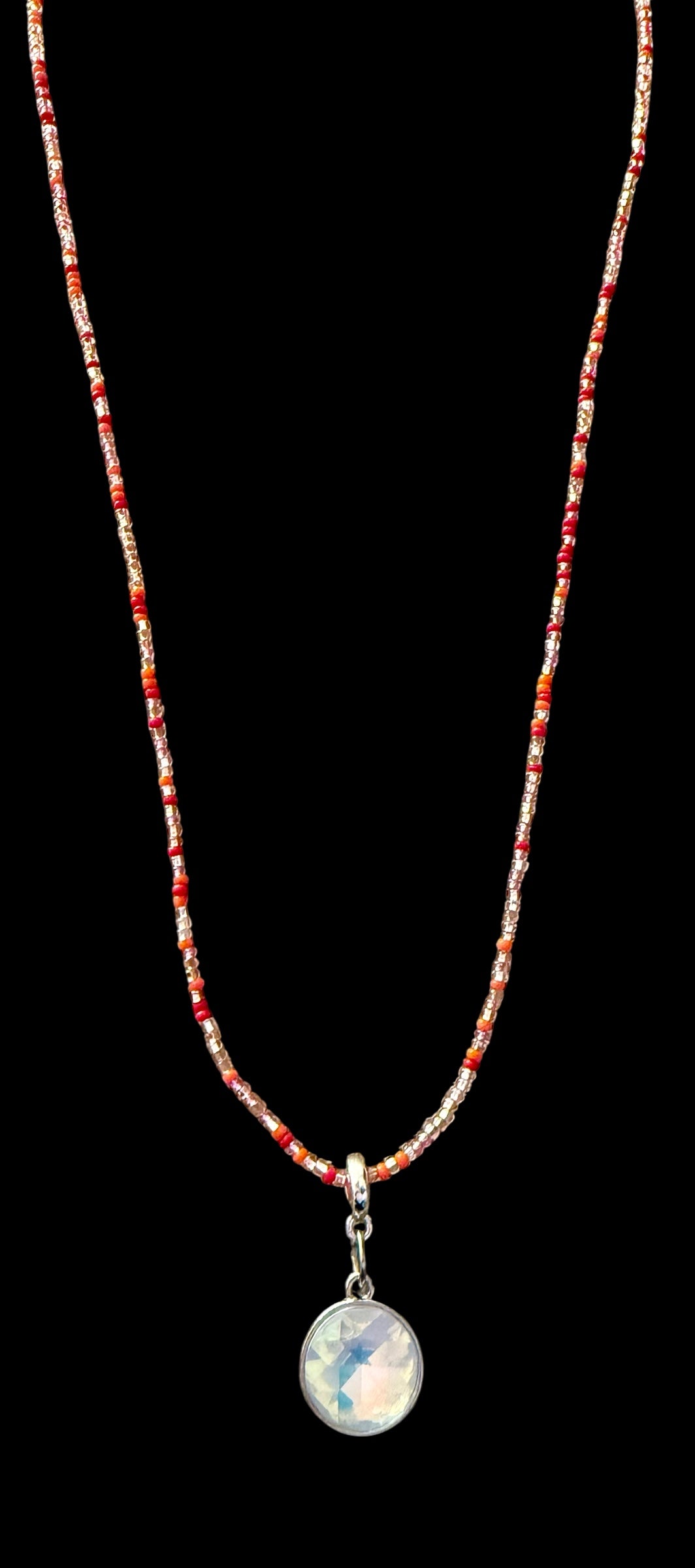 20” Delicate Czech Glass Beaded Necklace with Iridescent Pendant – Handmade Boho Jewelry