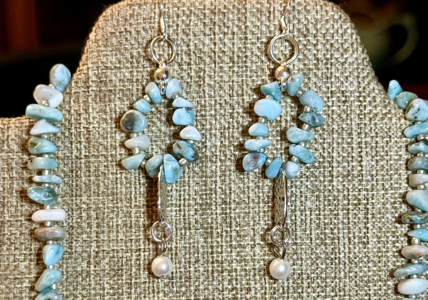 Handmade 20” Larimar Necklace with Matching Earrings – Natural Blue Gemstone Jewelry Set with Flower Pendant