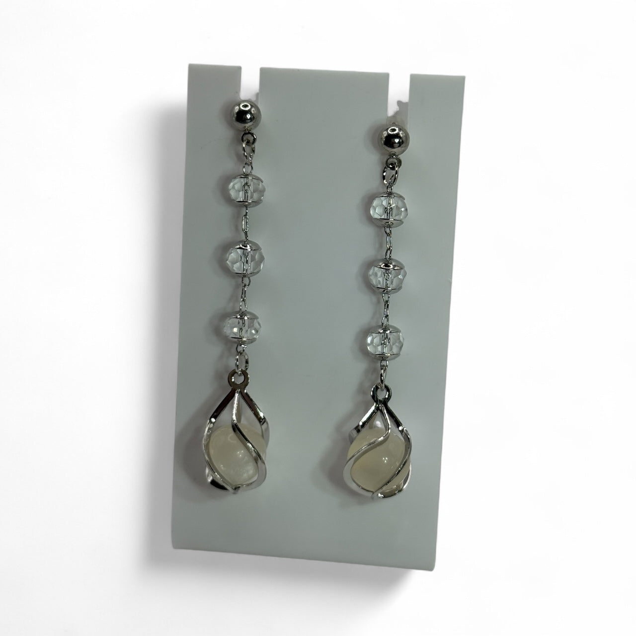 Crystal Bead and White Stone Drop Earrings – Silver Long Dangle Jewelry