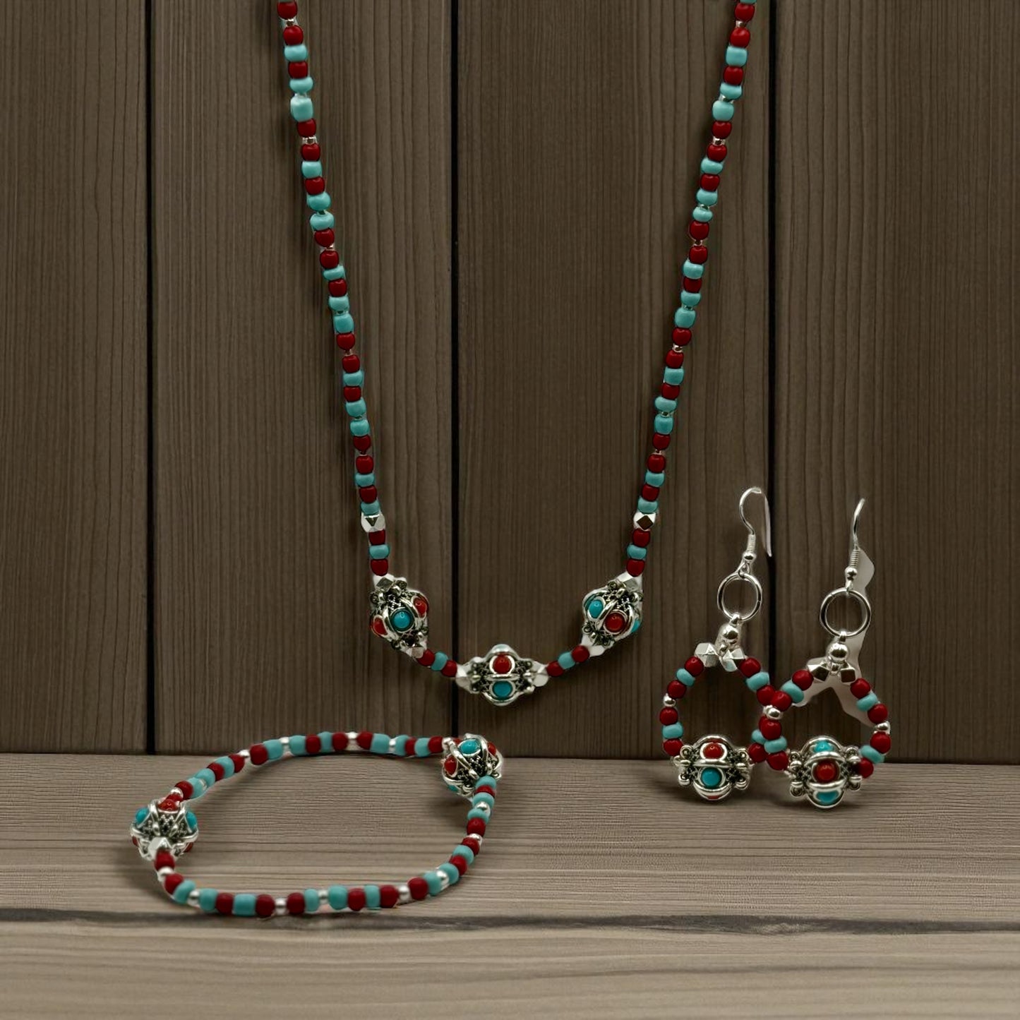 Southwestern Turquoise & Red Beaded Jewelry Set – 24” Necklace, 8” Stretch Bracelet & Earrings