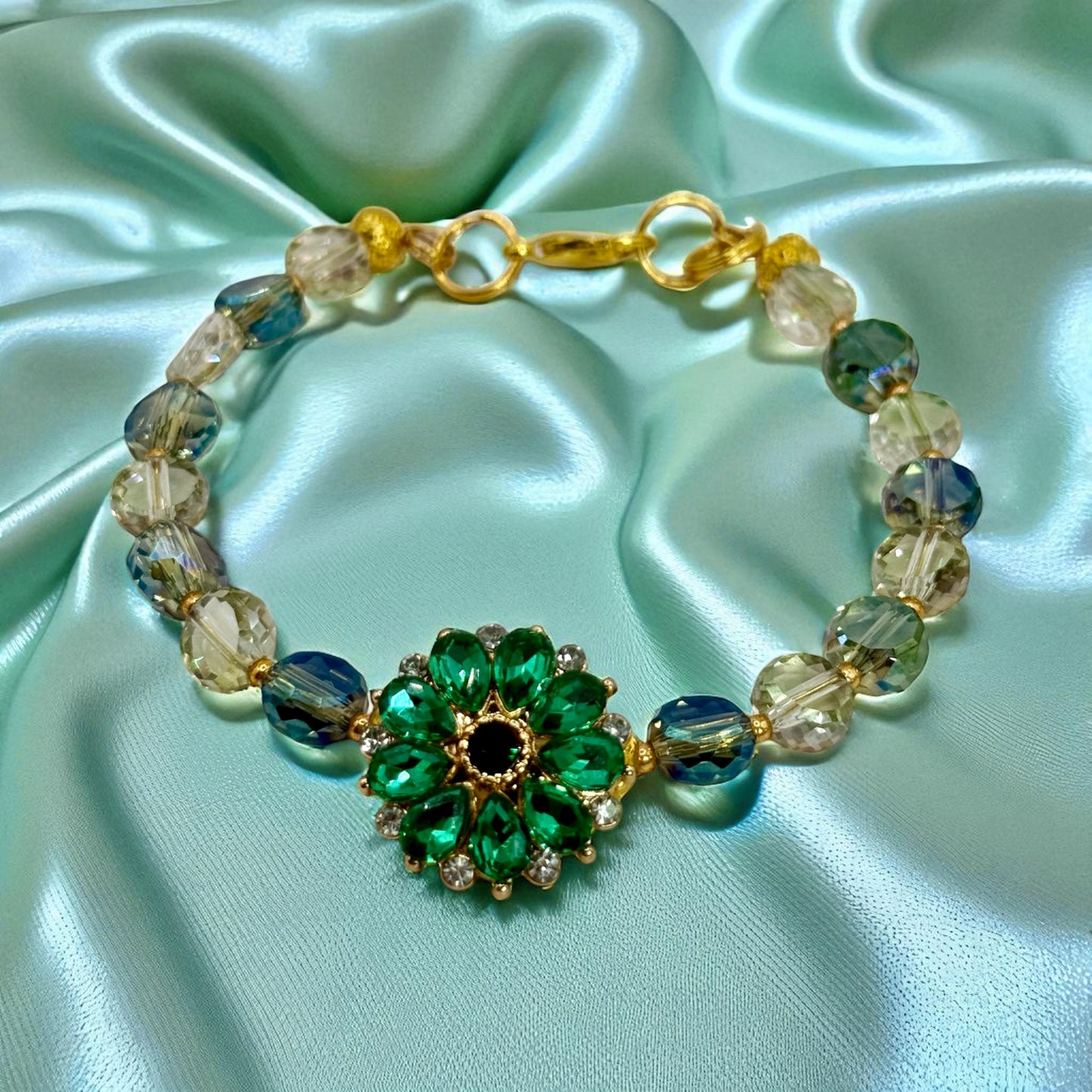 Emerald Green Crystal Flower Bracelet – 7.5” Clasp Bracelet | Adjustable | Handmade Beaded Jewelry Gift | Free Gift Included