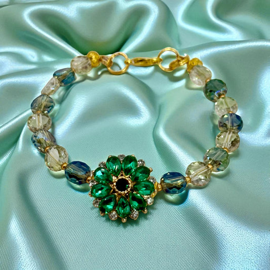 Emerald Green Crystal Flower Bracelet – 7.5” Clasp Bracelet | Adjustable | Handmade Beaded Jewelry Gift | Free Gift Included