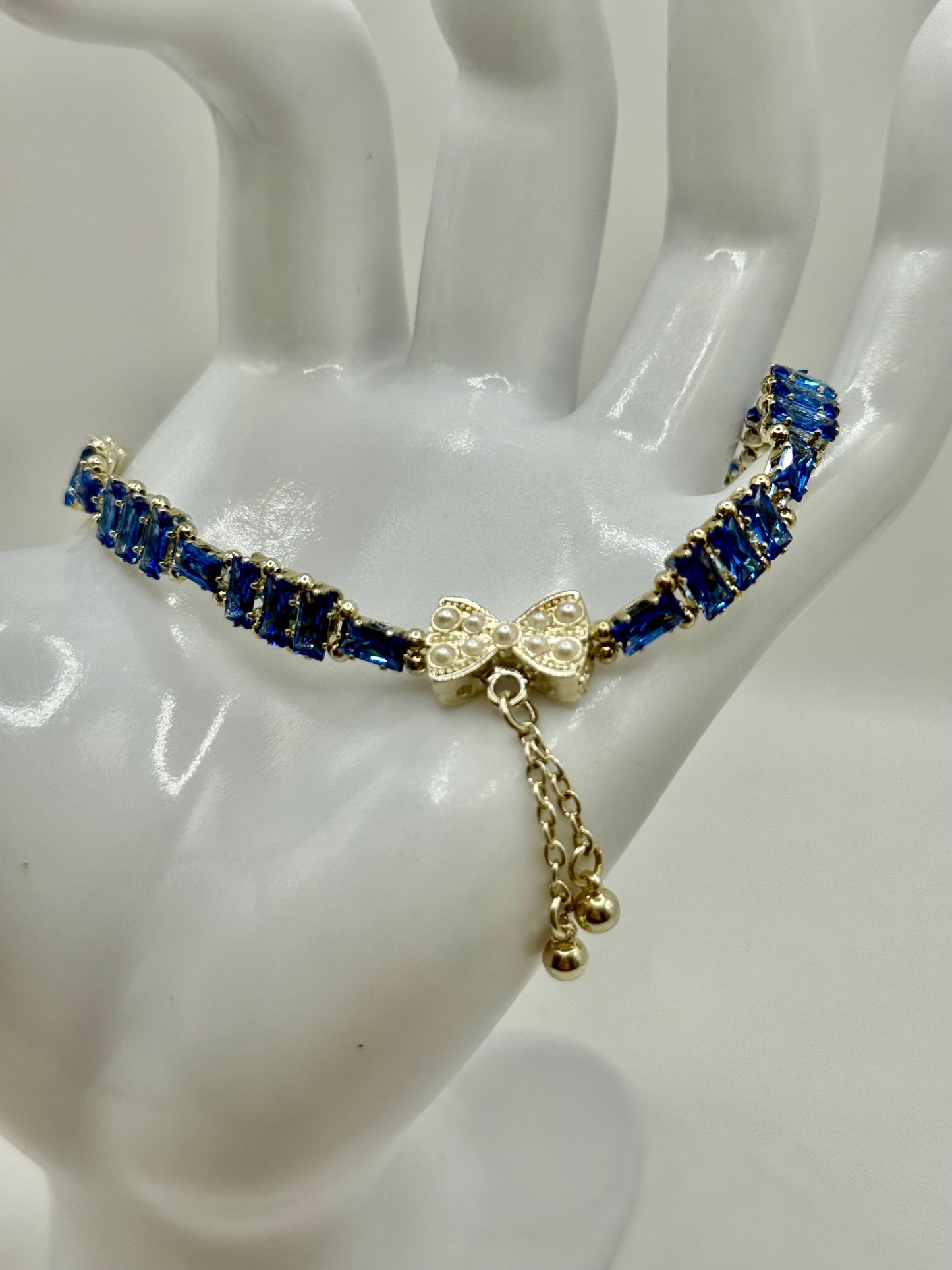 Blue Rhinestone Bow Bracelet – 7.5” – Elegant Crystal Bracelet with Pearl Accent Bow Clasp – Sparkling Gift for Her