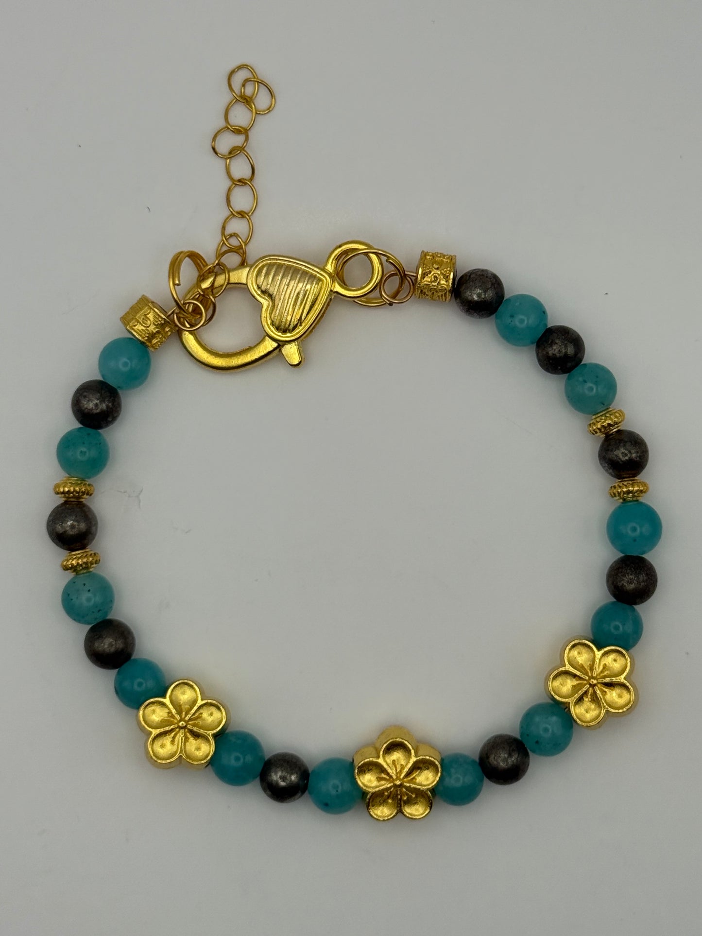 Amazonite and Pyrite Bracelet with golden flower accents 7.5"