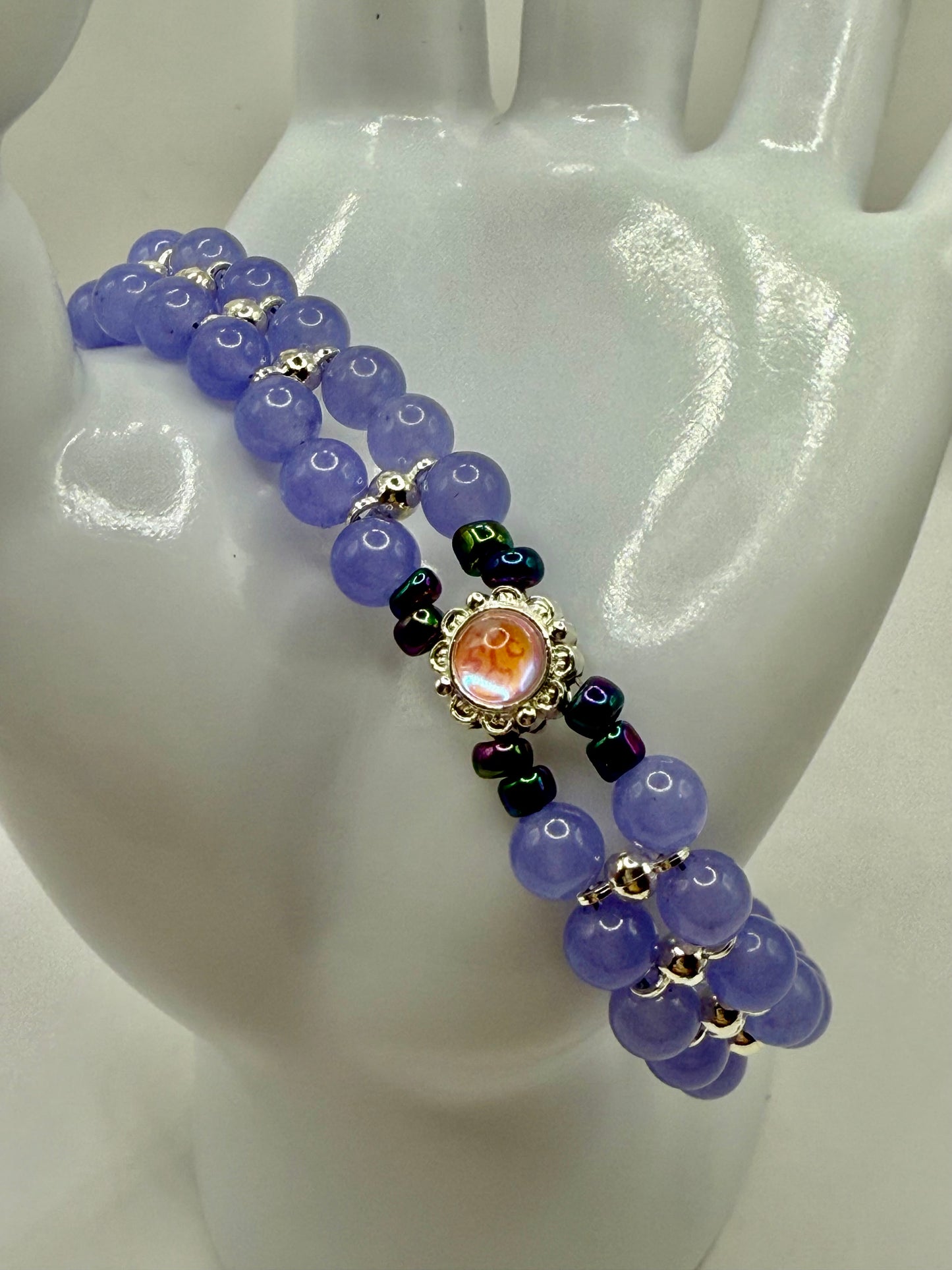 Handmade Lavender Beaded Bracelet with Opal Focal | 7.5” to 7.75” Double Strand Beaded Jewelry | Purple Glass Bracelet | Elegant Gift for Her