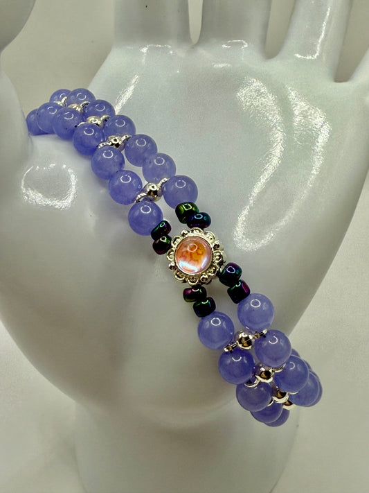 Handmade Lavender Beaded Bracelet with Opal Focal | 7.5” to 7.75” Double Strand Beaded Jewelry | Purple Glass Bracelet | Elegant Gift for Her