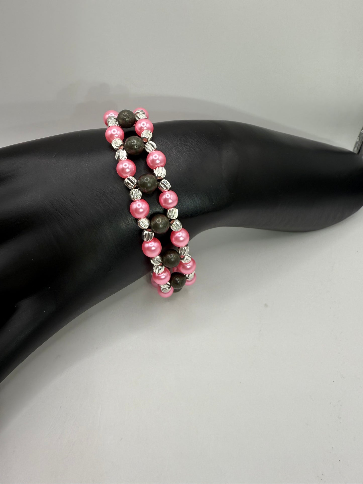 Pink Glass Pearl & Pyrite Double Strand Bracelet – 7.75” Clasp, Handmade Jewelry, Healing Energy, Gift for Her