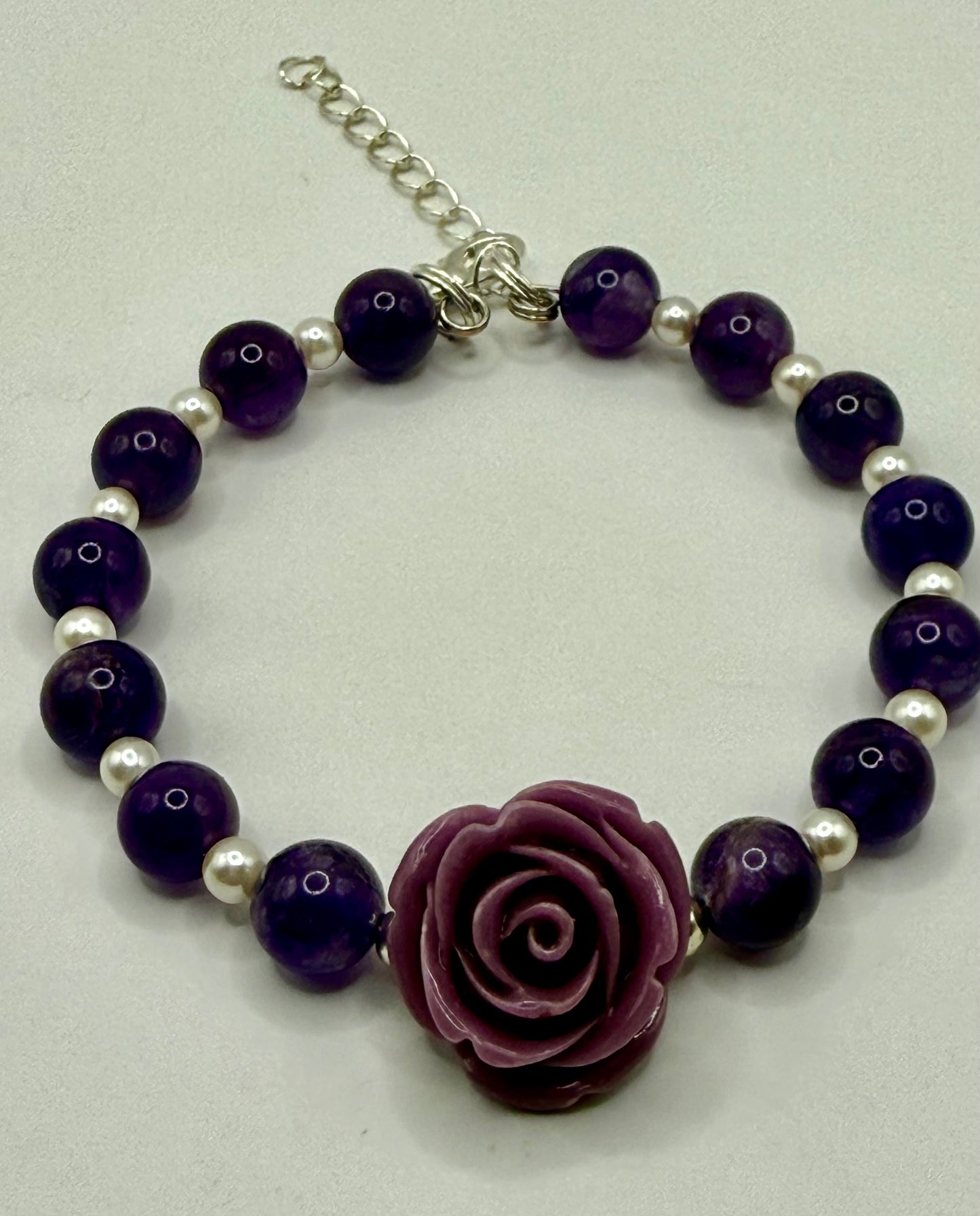 Floral Beaded Bracelets with Rose Focal – Choose Purple Amethyst, Yellow Jade, or Blue Lapis (3 options/sizes)