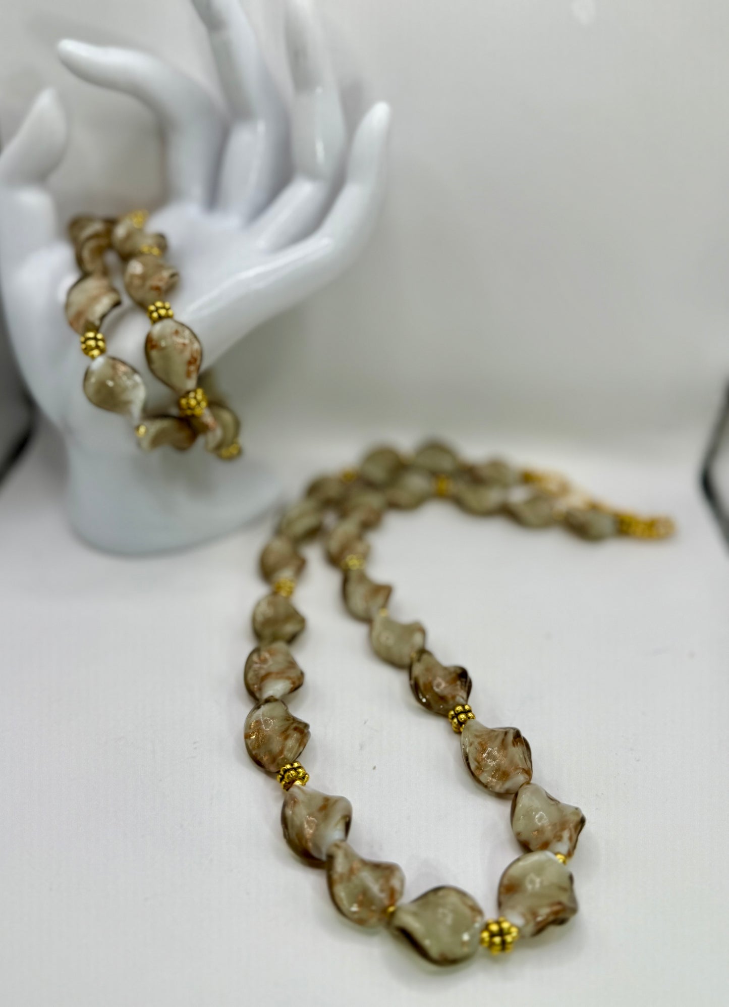20” Cream Swirl Glass Bead Necklace + Matching Bracelets | Elegant, One-of-a-Kind Set