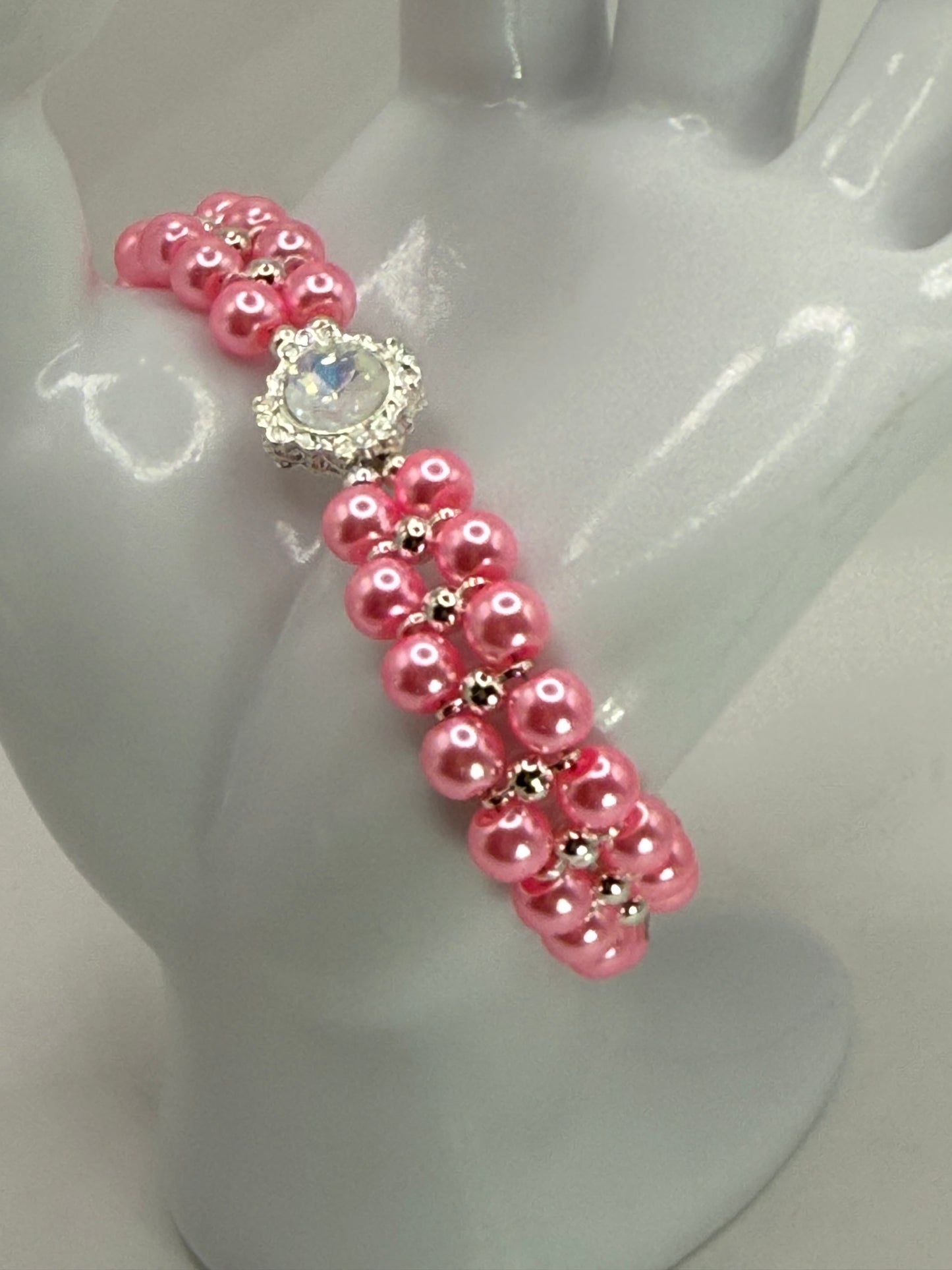 Pink Glass Pearl Bracelet with Opal Iridescent Focal | 8” Handmade Beaded Bracelet | Elegant Jewelry Gift for Her