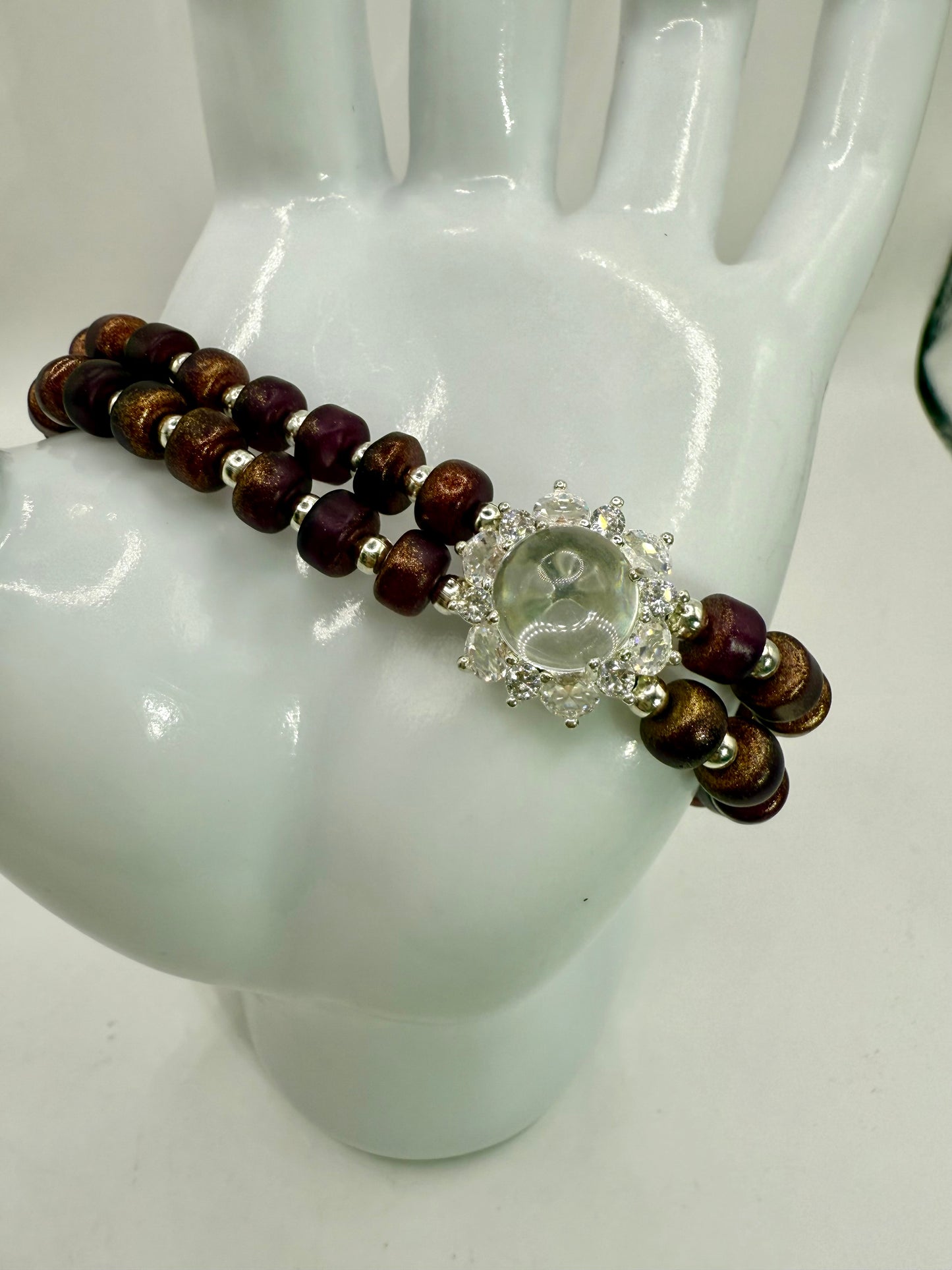 Plum and Bronze Dual Strand Beaded Bracelet – 7.5” Sparkling Focal Bracelet with Magnetic Slide Clasp – Handmade Jewelry