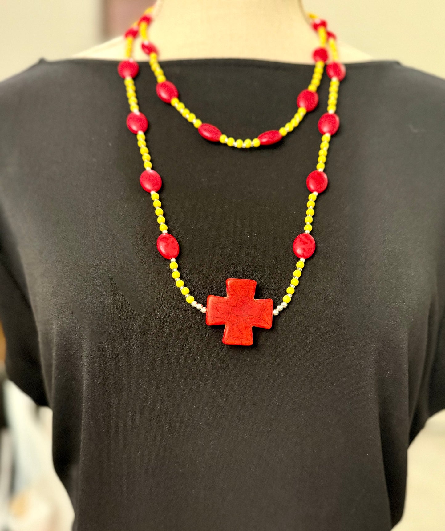 Red & Yellow Turquoise Layered Necklace Set | 30” & 20” Beaded Necklaces