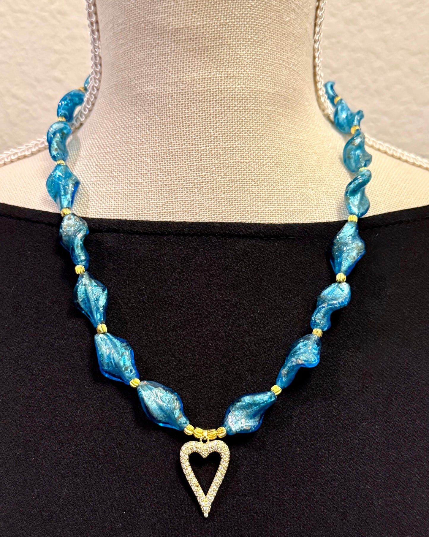 Blue Glass Beaded Necklace and Bracelet Set | 20 Inch Handmade Necklace | Elastic Bracelet | Gold Heart Charm Jewelry | Gift for Her