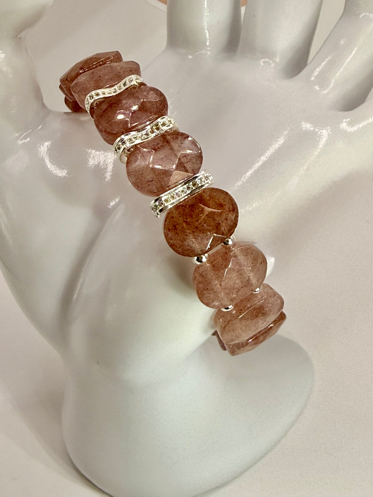 Strawberry Quartz Bracelet 7.5" • Handmade Pink Stone Bracelet • Silver Accent Beaded Bracelet