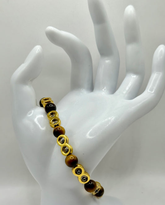 7.5” Tiger Eye and Gold Accent Bracelet – Unique Clasp Design, Handmade Gemstone Jewelry