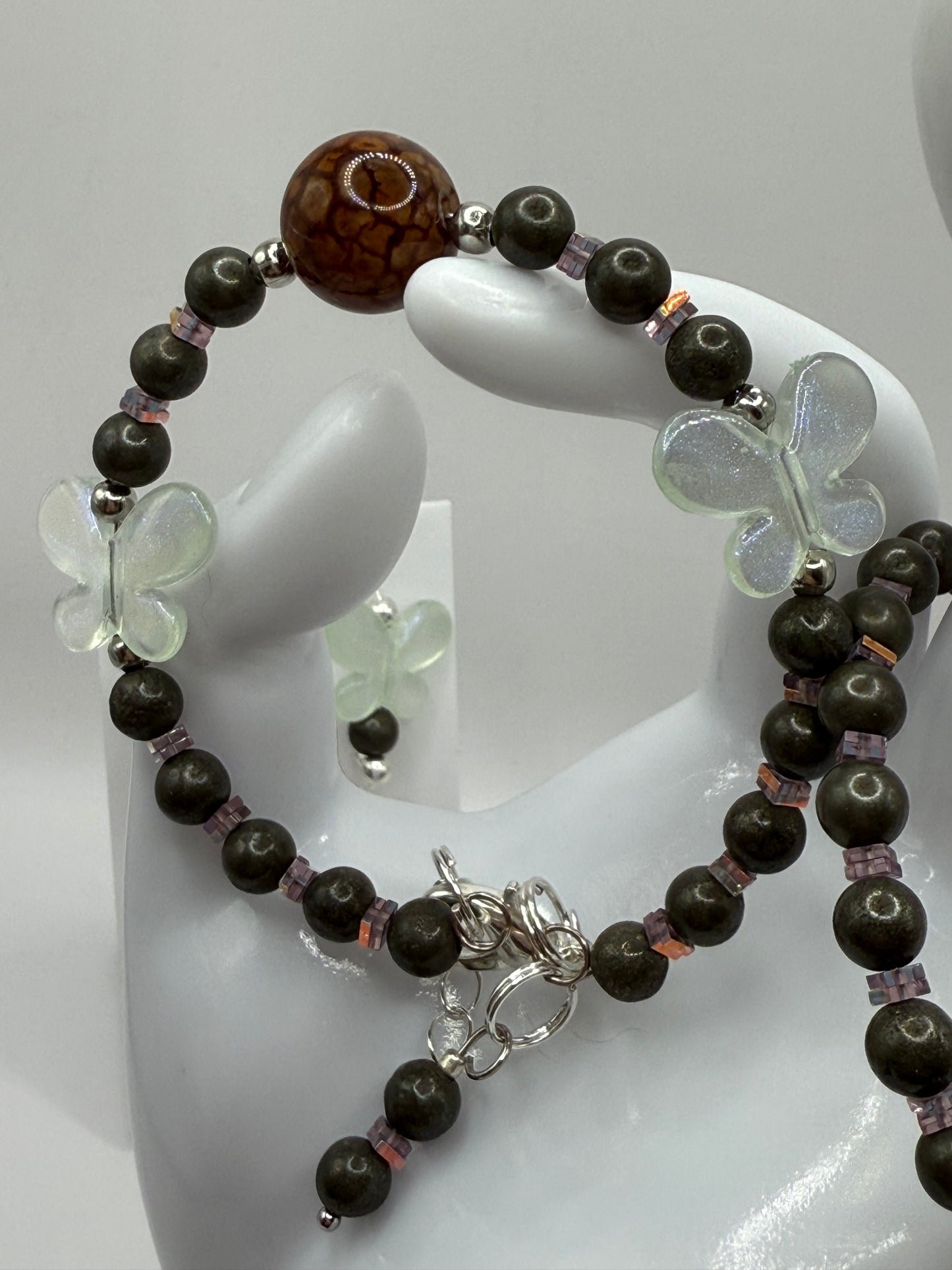 7.5” Dragon Vein Agate and Pyrite Bracelet Set with Iridescent Butterfly Charms | Handmade Gemstone Jewelry + Free Matching Earrings