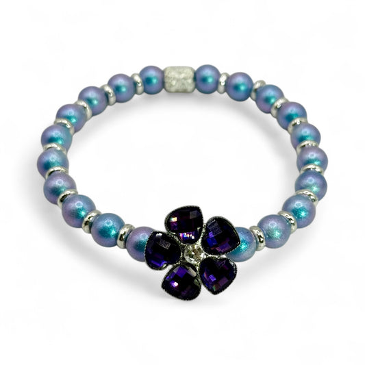 Purple Flower Bracelet – 7.75” Stretch Bracelet | Handmade Beaded Jewelry | Violet Crystal Floral Bracelet | Gift for Her