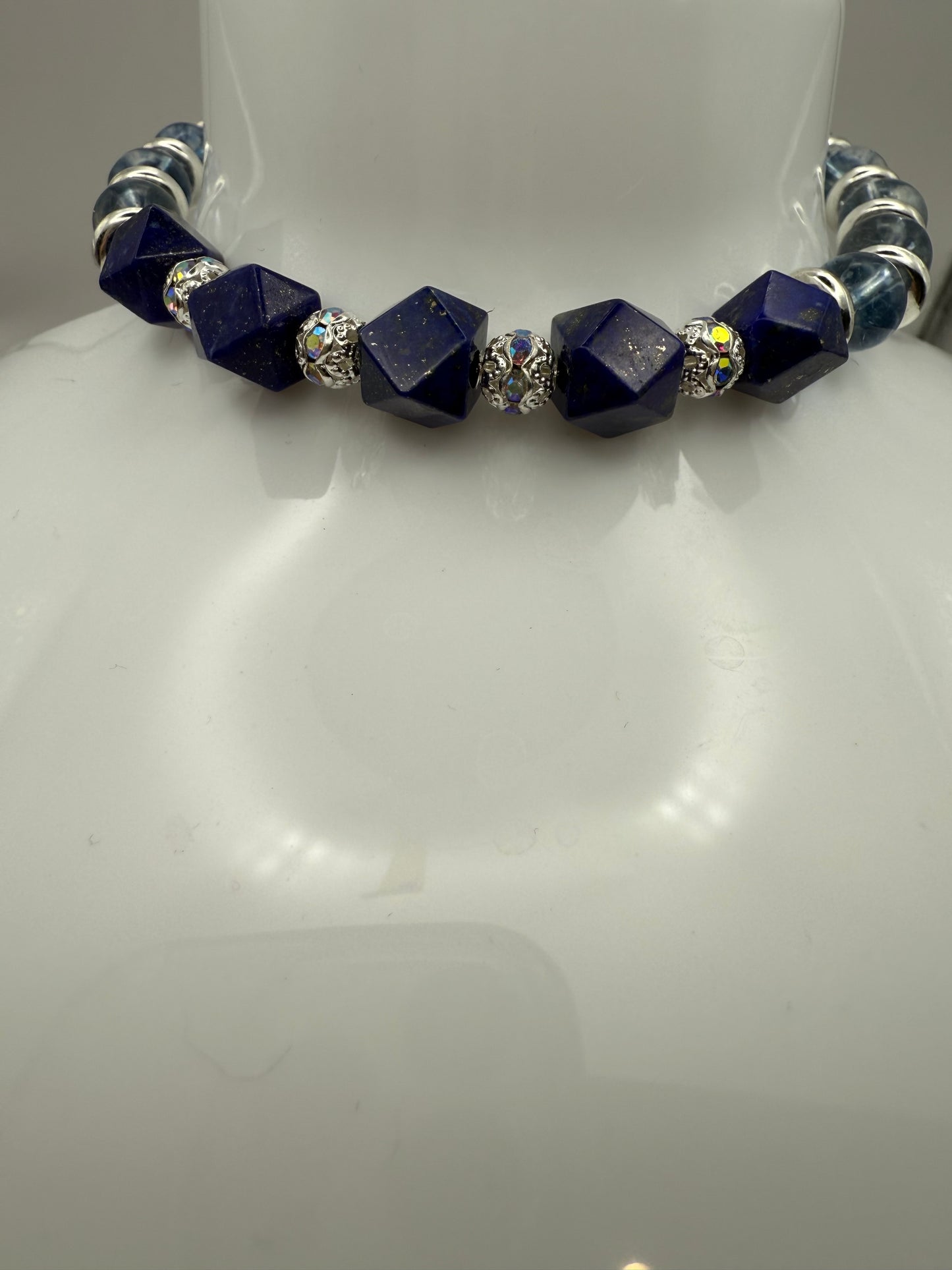 Lapis Lazuli Crystal Bracelet with Light Blue Phantom Quartz 7.5"