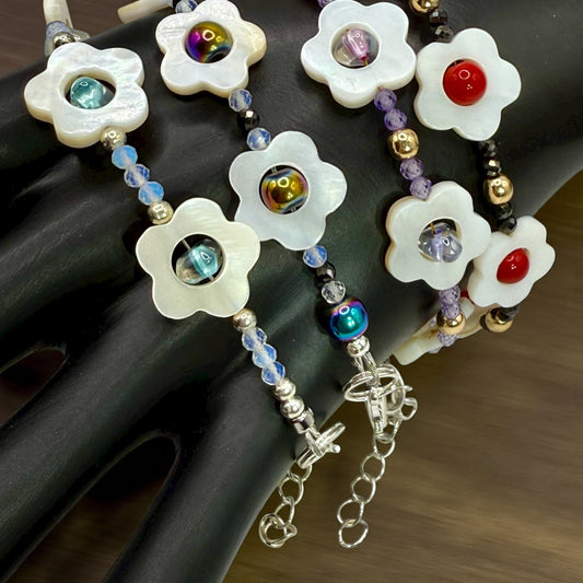 Mother of Pearl Flower Gemstone Bracelets 7.5” | Onyx, Tanzanite, Opalite & Rainbow Metallic | Handmade Gift |
