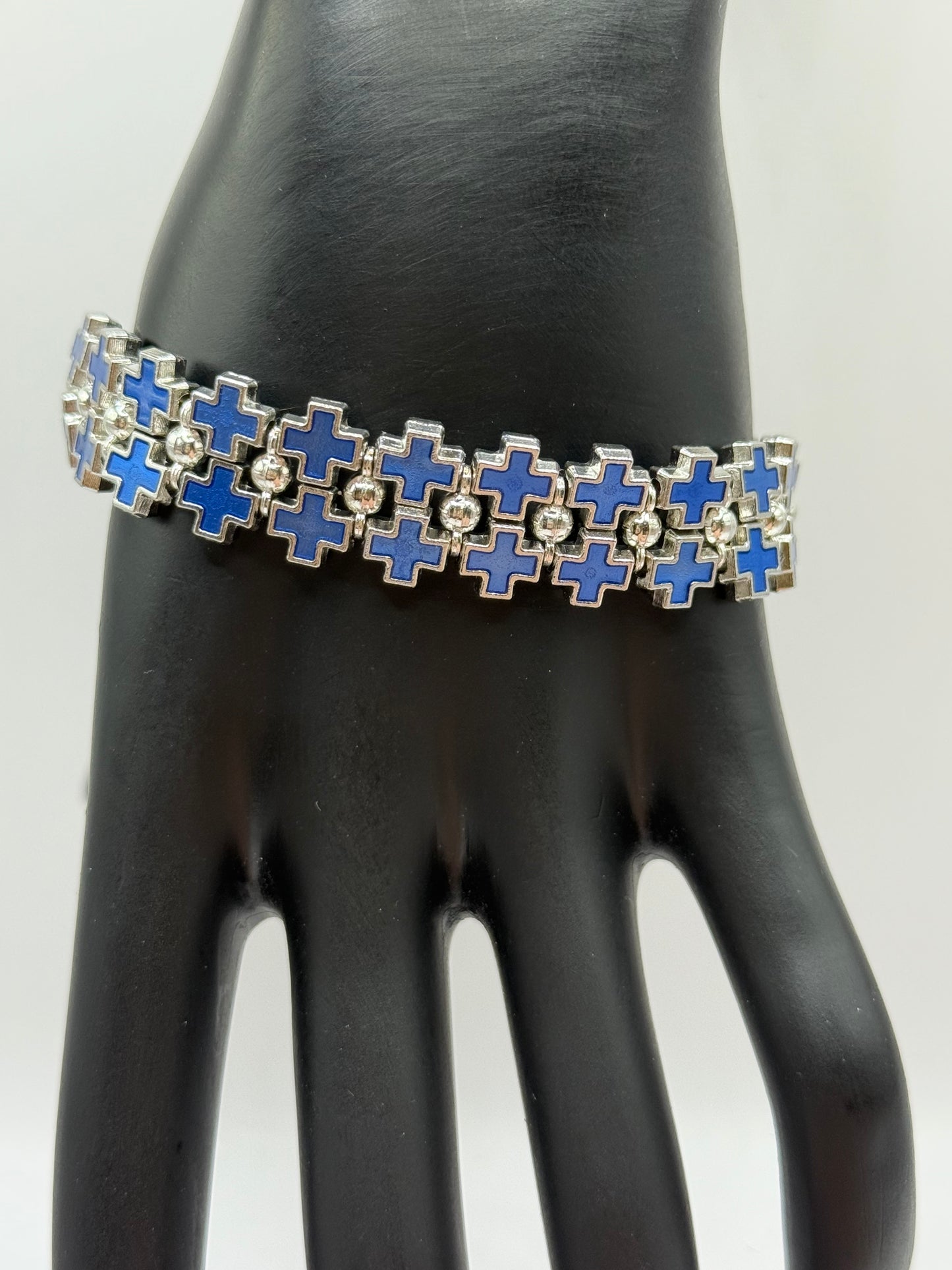 Bold Blue Cross Link Bracelet – Adjustable 7" to 7.5", Silver-Tone Double Row Design, Unique Statement Jewelry