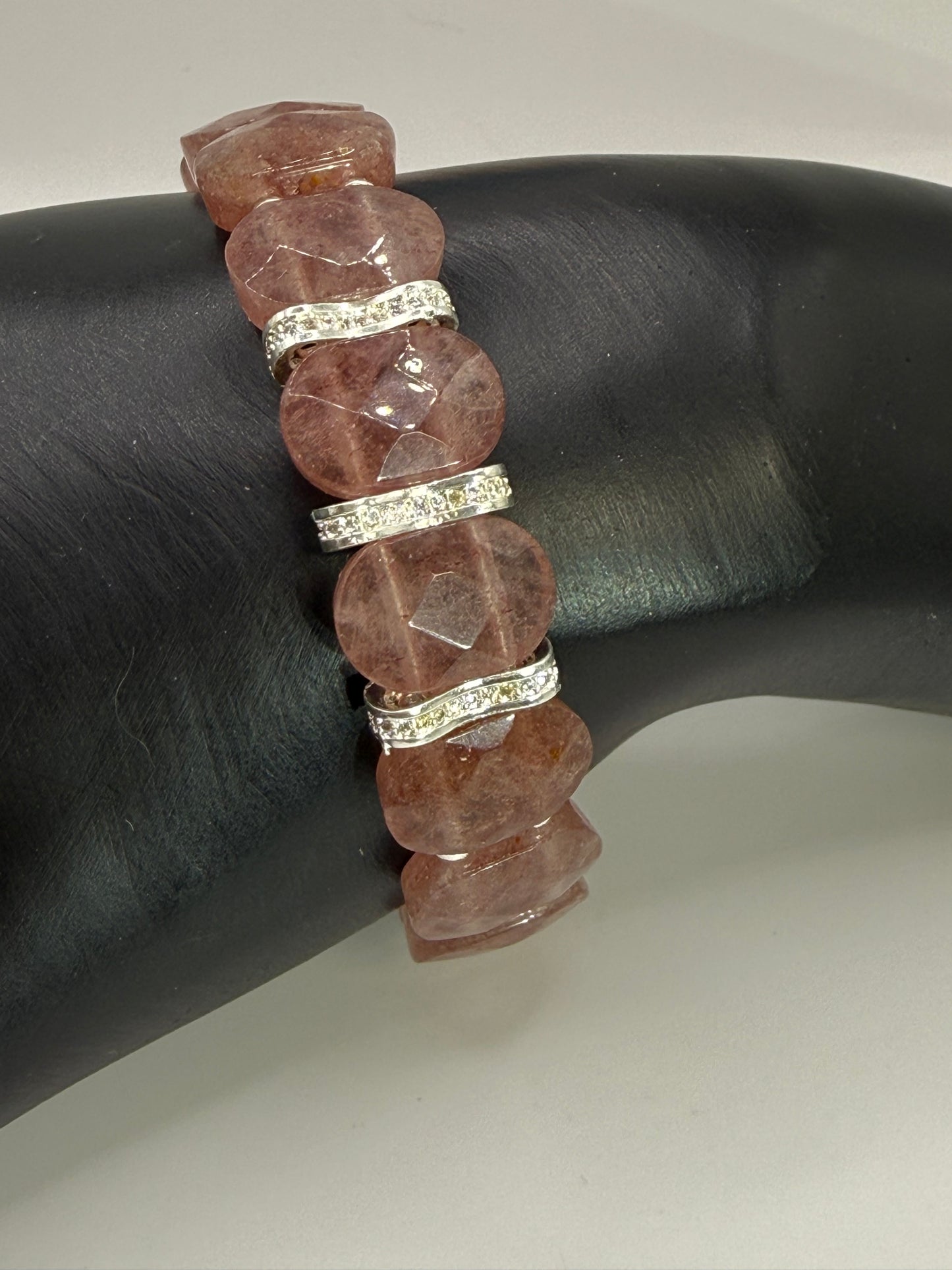 Strawberry Quartz Bracelet 7.5" • Handmade Pink Stone Bracelet • Silver Accent Beaded Bracelet