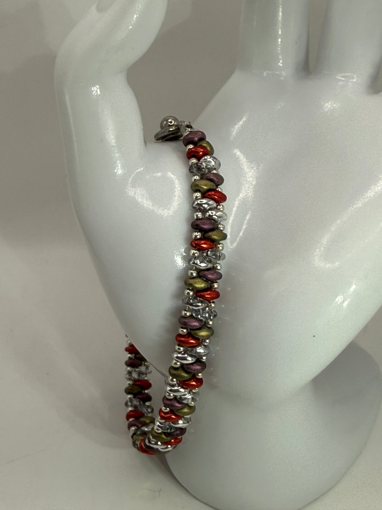 Autumn Inspired Beaded Bracelet – 8” Micro Bead Clasp – Red, Olive, Silver, Purple – Handmade Jewelry
