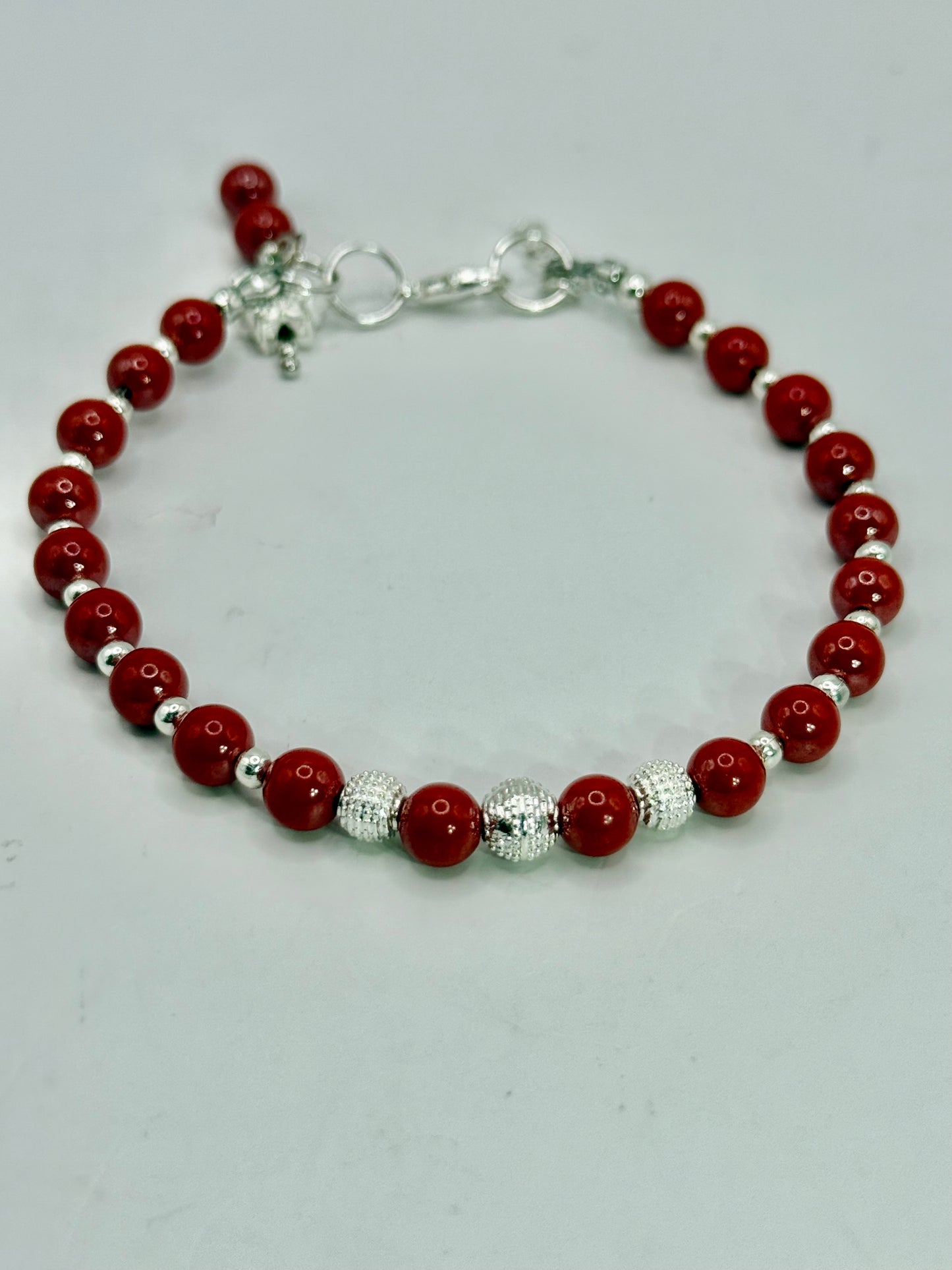 Cinnabar Crystal Bracelet with Silver Accents – 7.75” Red Beaded Jewelry, Adjustable Clasp Bracelet, Handmade Gift for Her