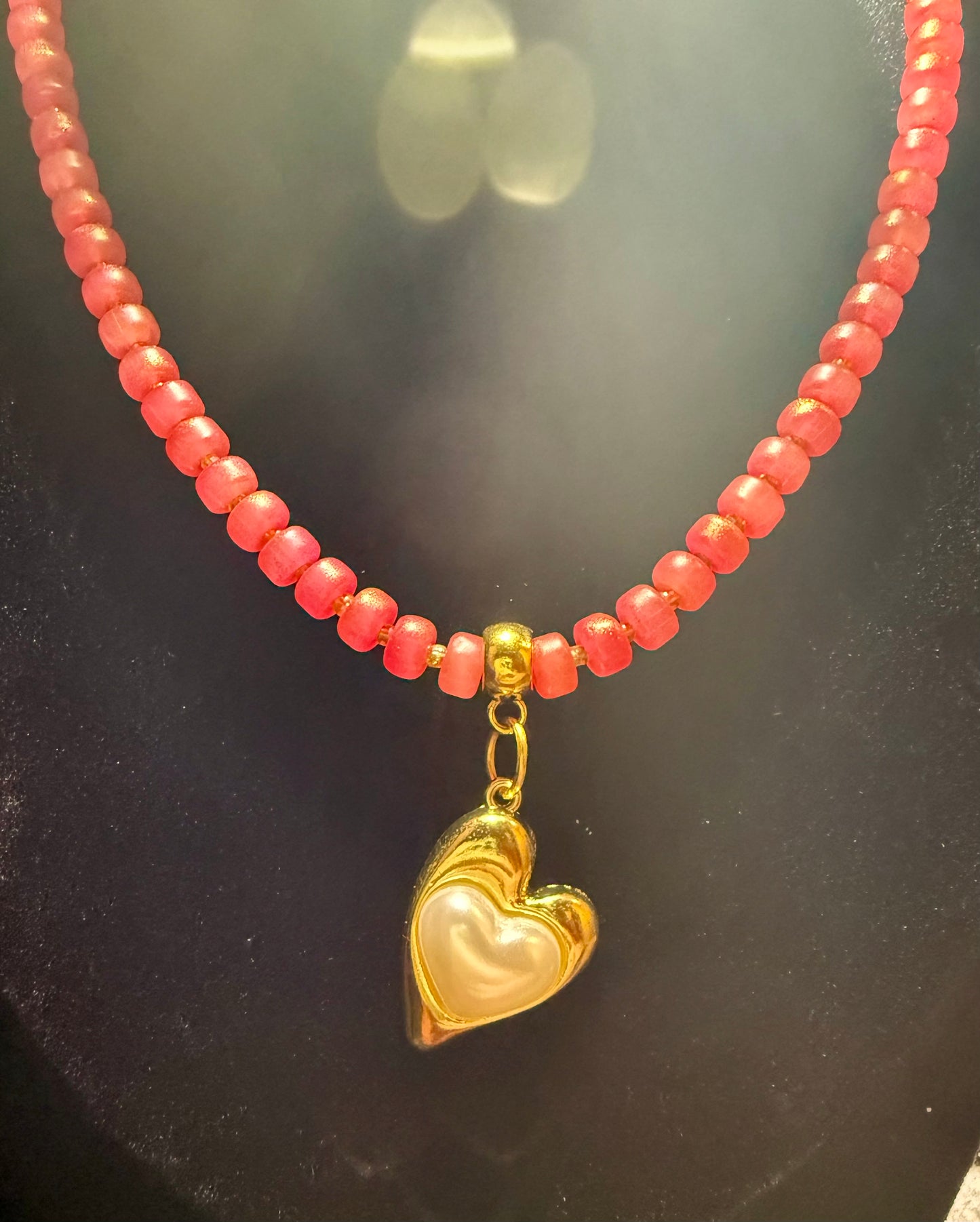 Pumpkin Glass Bead Necklace with Golden Heart Pendant – 20” Handmade Jewelry, Autumn Necklace, Romantic Gift, Fall Statement Jewelry