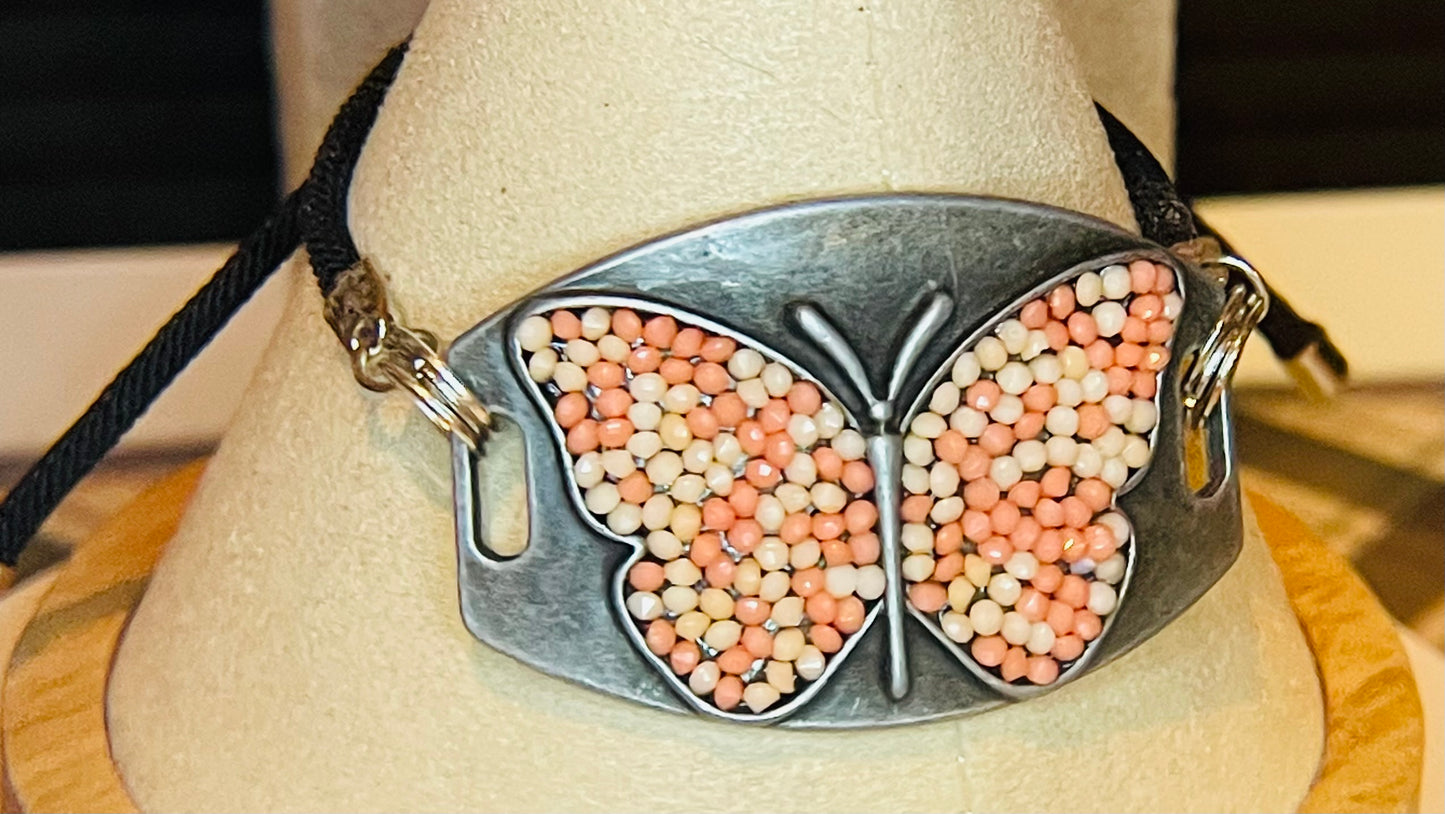 Peach Butterfly corded bracelet (adjustable)