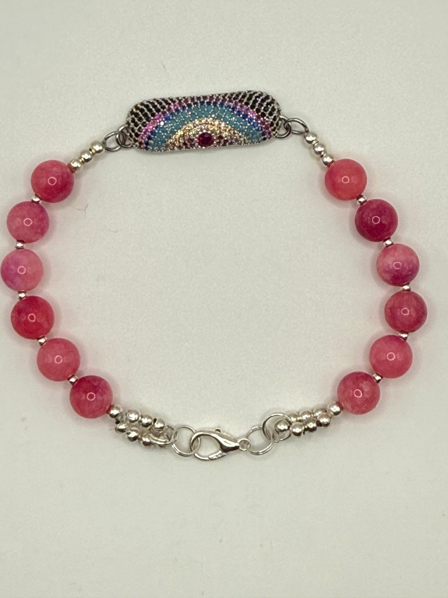 8” Pink Jade Beaded Bracelet with Sparkling Rainbow Focal | Handmade Gemstone Bracelet with Clasp | Gift for Her | Pink Crystal Jewelry