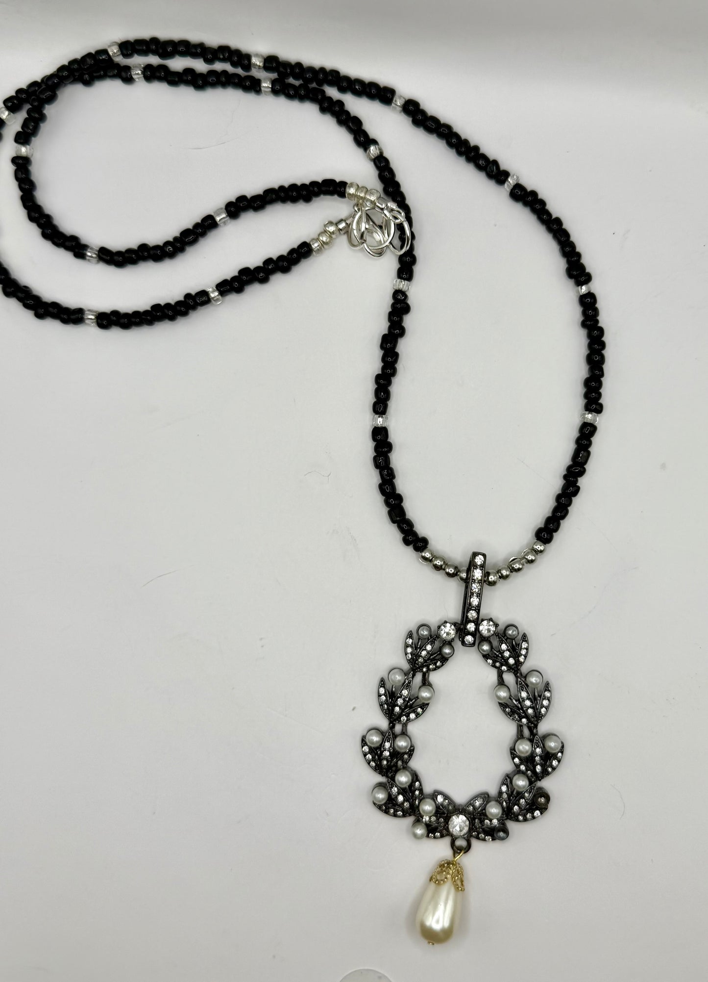 Elegant 26” Black Beaded Necklace with Vintage Wreath Pendant & Pearl Drop