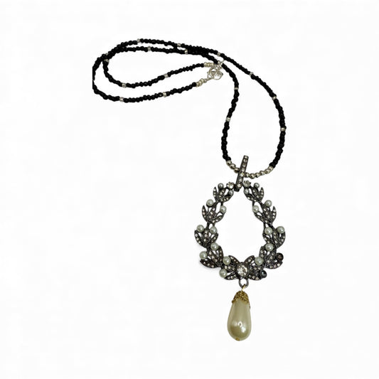 Elegant 26” Black Beaded Necklace with Vintage Wreath Pendant & Pearl Drop