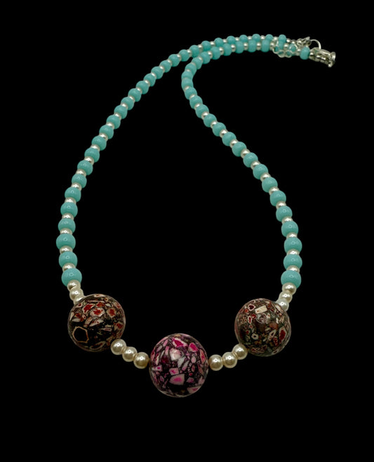 20” Blue Jade Beaded Necklace with Daqi Focal Beads – Unique Statement Jewelry, Bold Mosaic Beads, Handmade Gift for Her