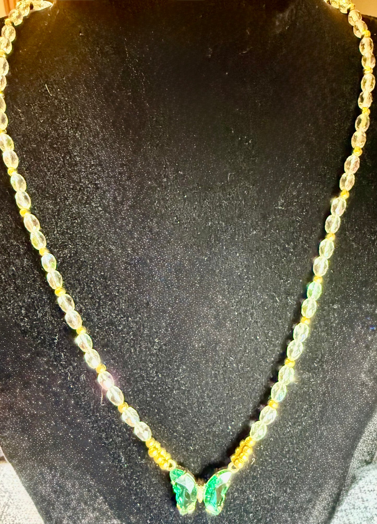 Green Crystal Butterfly Pendant Necklace – 20” Faceted Glass Beaded Necklace with Gold Accents – Sparkly Butterfly Jewelry Gift