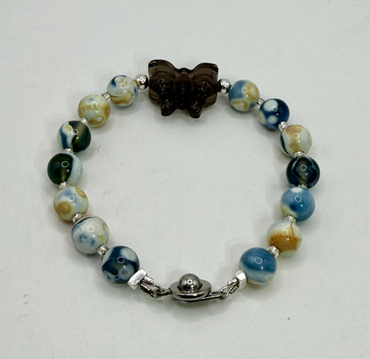 Orca Agate Bracelet with Smoky Quartz Butterfly Focal – 7” Clasp – Natural Gemstone Jewelry