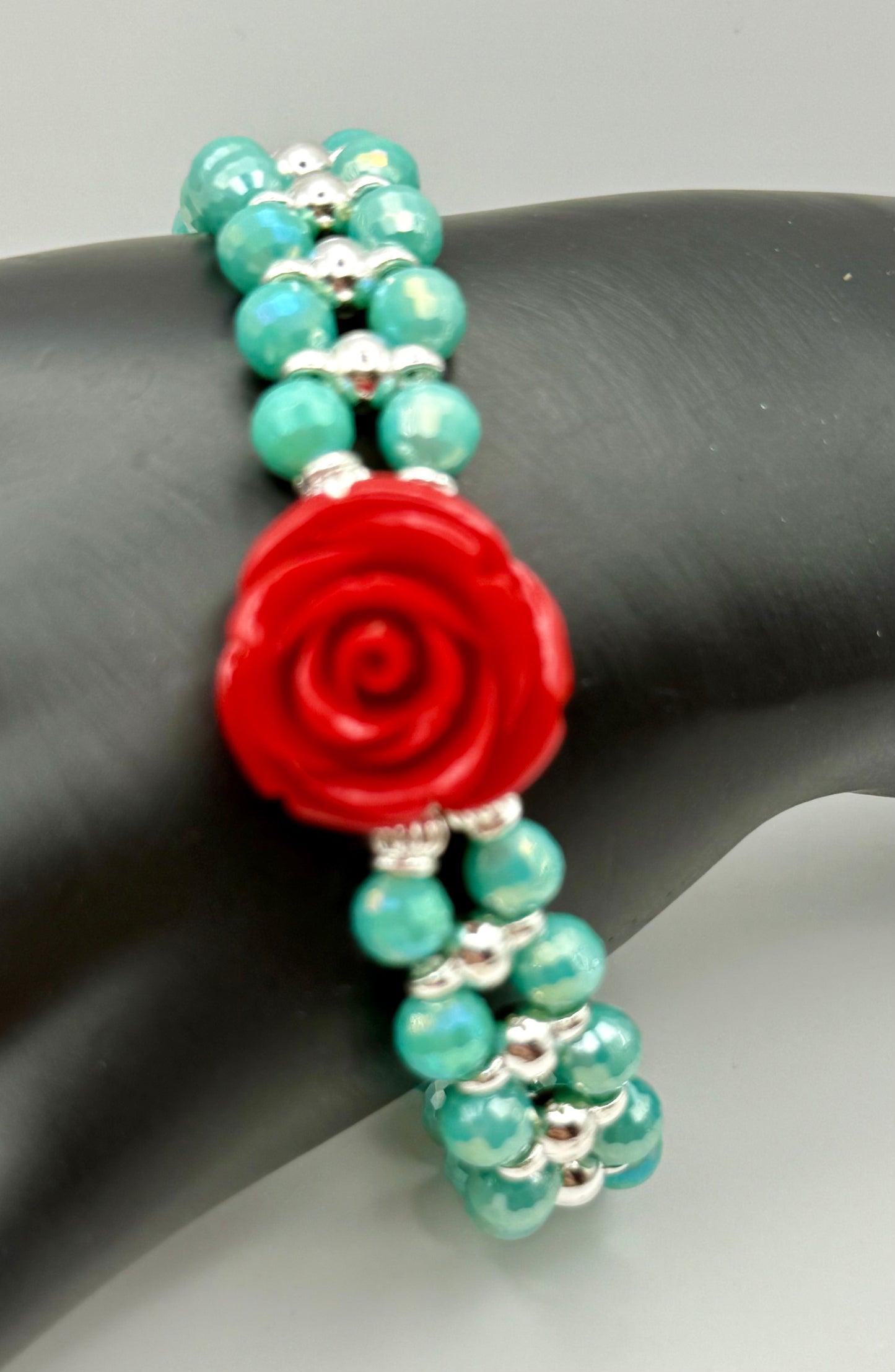 Sky Blue Faceted Glass with Carved Rose focal double banded stretch bracelet 7.75"