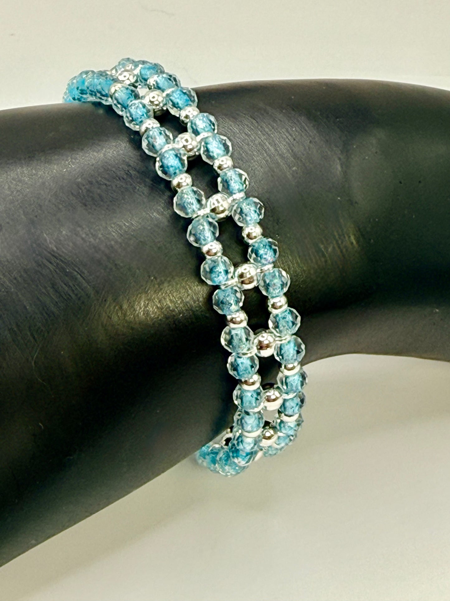 Delicate Sky Blue Glass 7" Bracelet • Handmade Double Strand Beaded Bracelet • Modern Silver Accent Jewelry