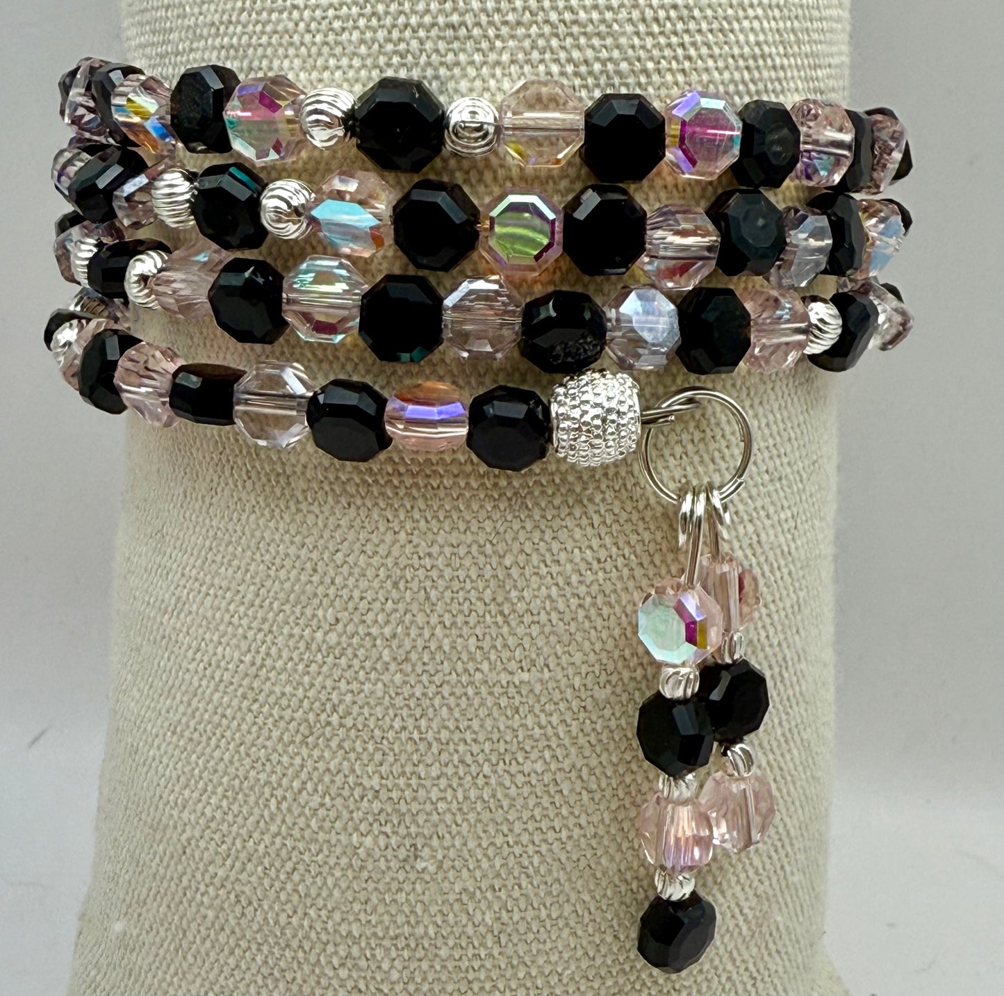 Black and Iridescent Pink Glass Wrap Bracelet - One Size Fits All