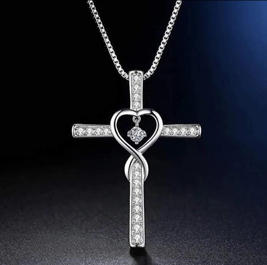 Silver Cross & Heart Necklace – 22” Chain (2 Color Options)