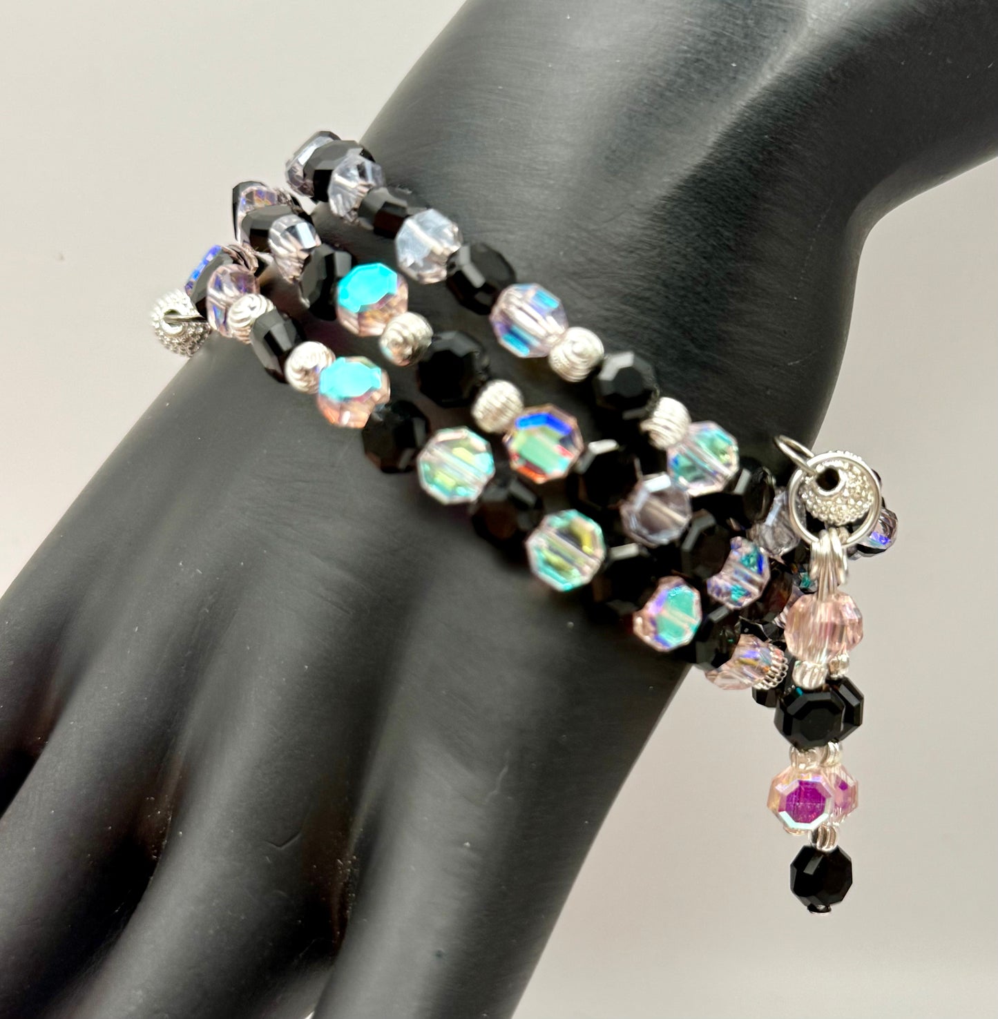 Black and Iridescent Pink Glass Wrap Bracelet - One Size Fits All
