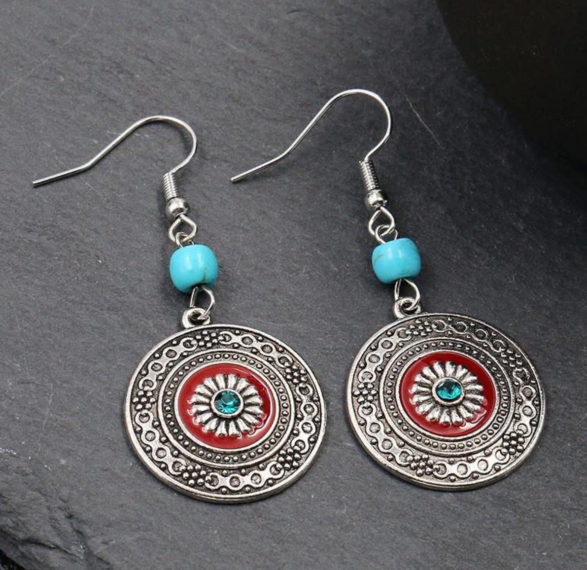 Boho Mandala Dangle Earrings with Turquoise Glass Beads | Silver Tone Festival Jewelry