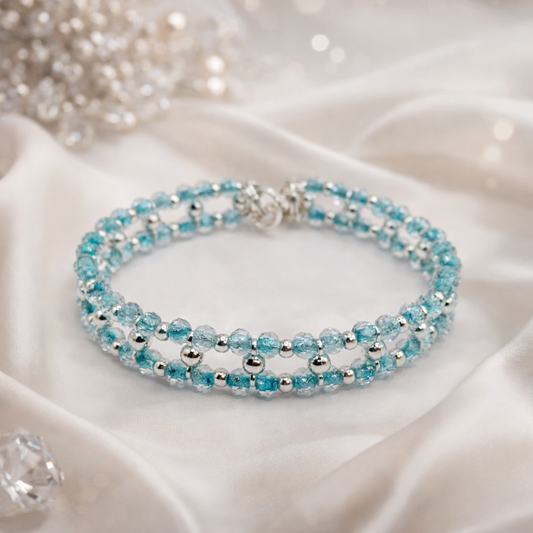 Delicate Sky Blue Glass 7" Bracelet • Handmade Double Strand Beaded Bracelet • Modern Silver Accent Jewelry