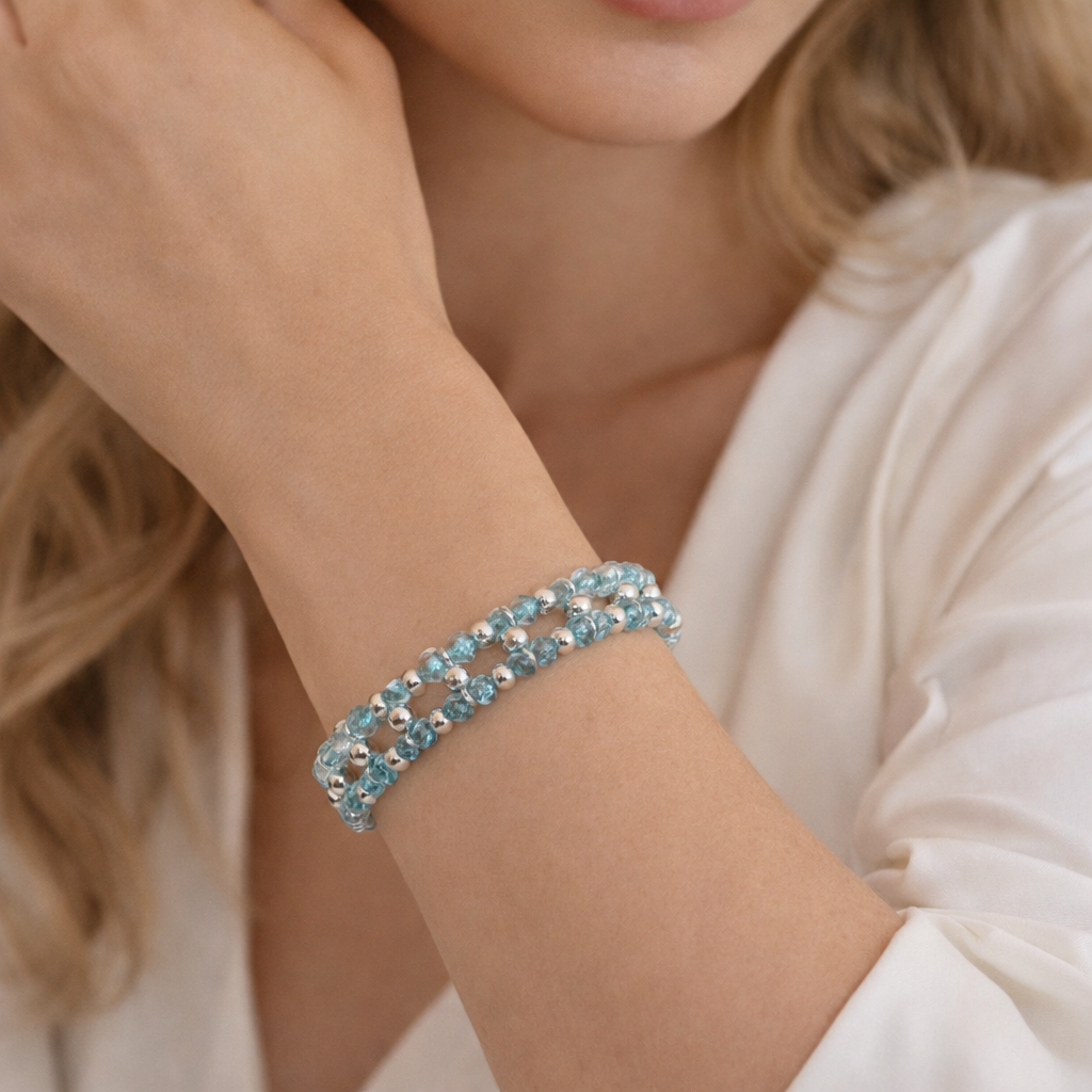 Delicate Sky Blue Glass 7" Bracelet • Handmade Double Strand Beaded Bracelet • Modern Silver Accent Jewelry