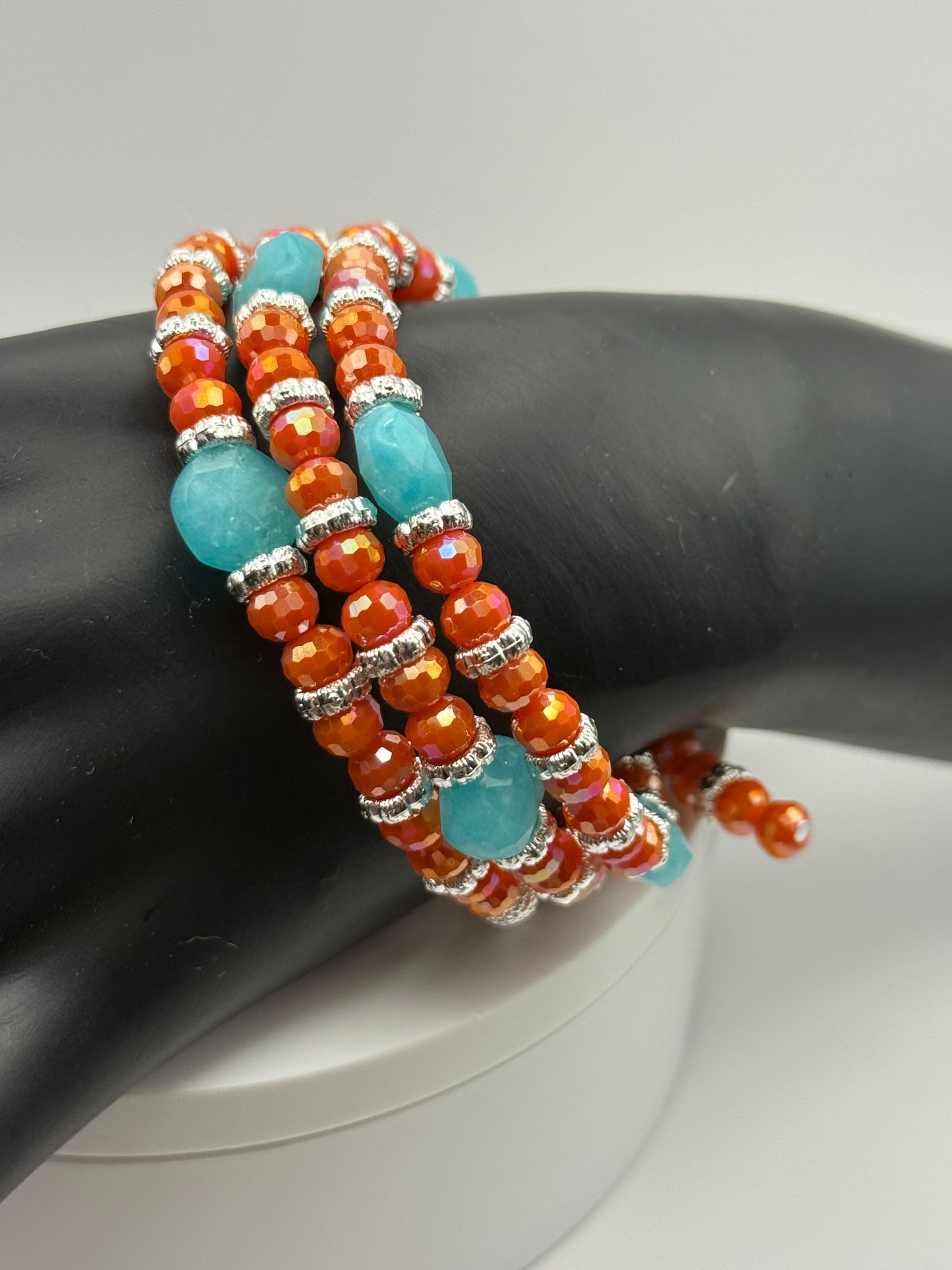 Sunset in Sedona Amazonite and Coral Glass Wrap Bracelet